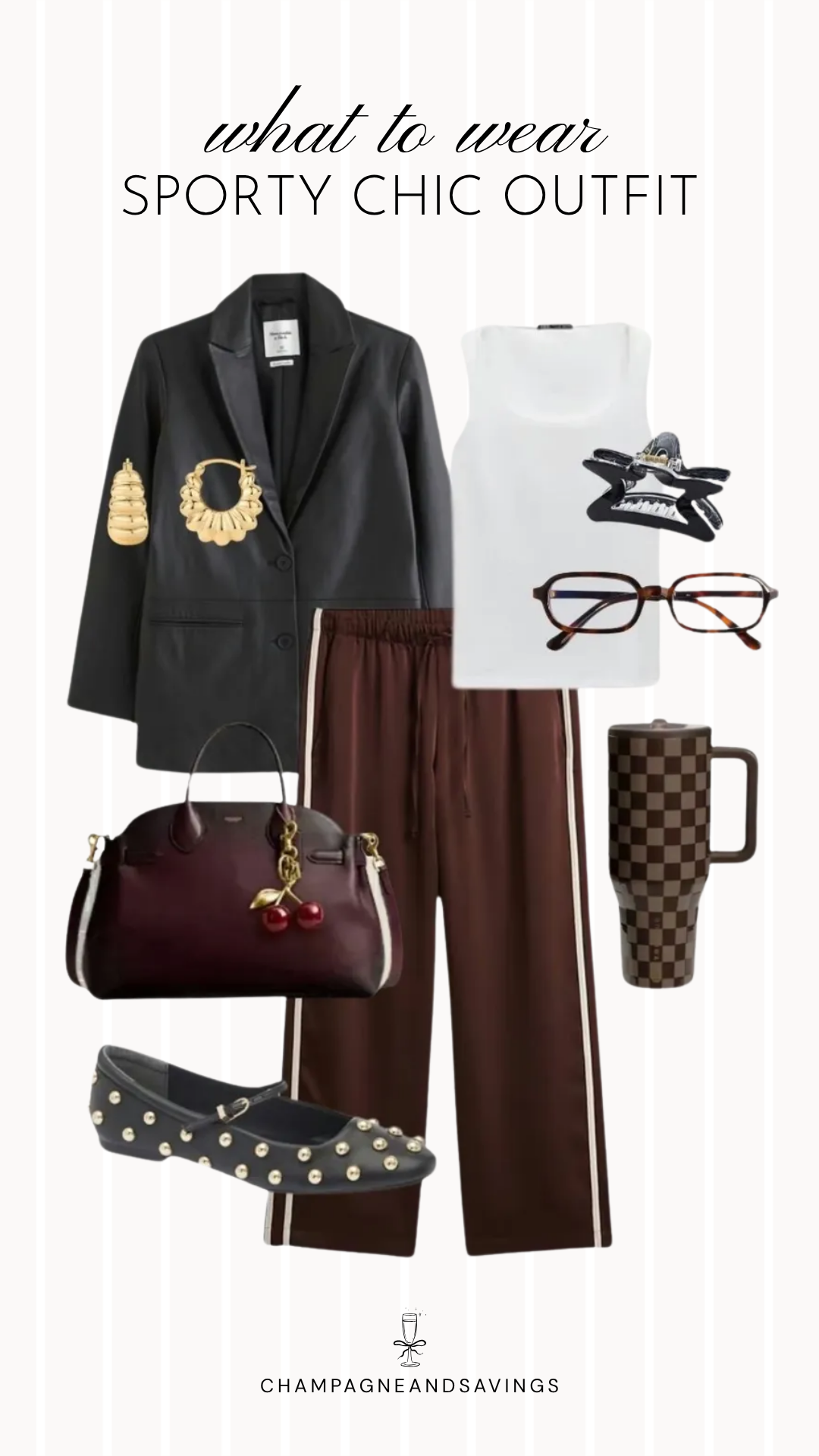 Collage of sporty chic outfit pieces featuring a leather blazer paired with side stripe track pants and studded flats for a modern mix of tailored and athletic style.