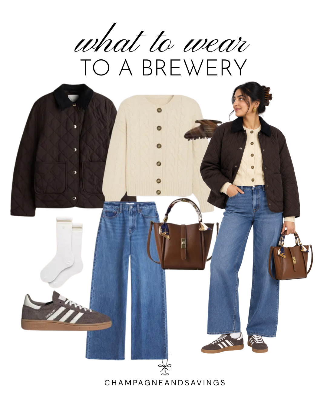 Cozy fall brewery outfit featuring a chocolate brown quilted jacket, cream cardigan, wide-leg jeans, and brown Adidas sneakers.