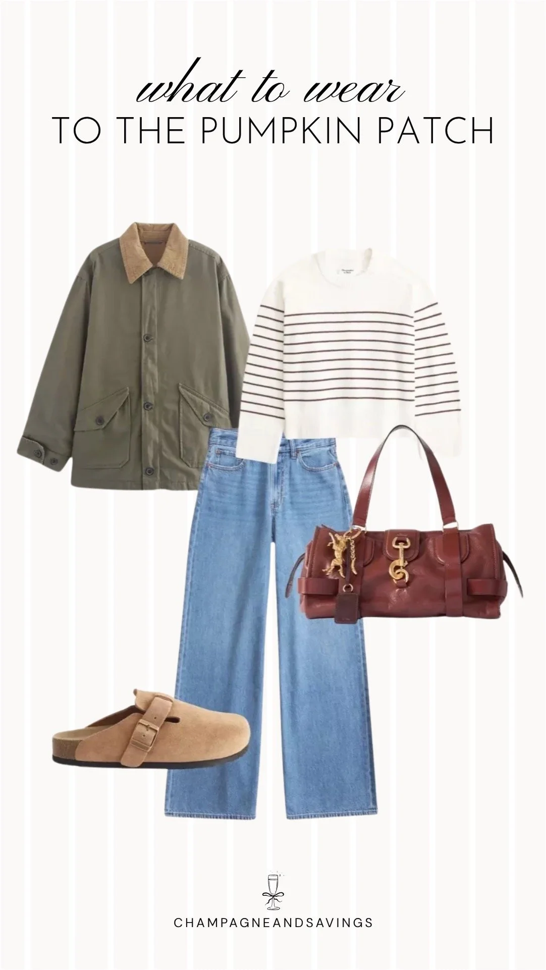 Collage of outfit pieces featuring a barn jacket styled with a striped sweater and wide leg jeans for a classic pumpkin patch outfit idea with a cozy casual fall vibe.
