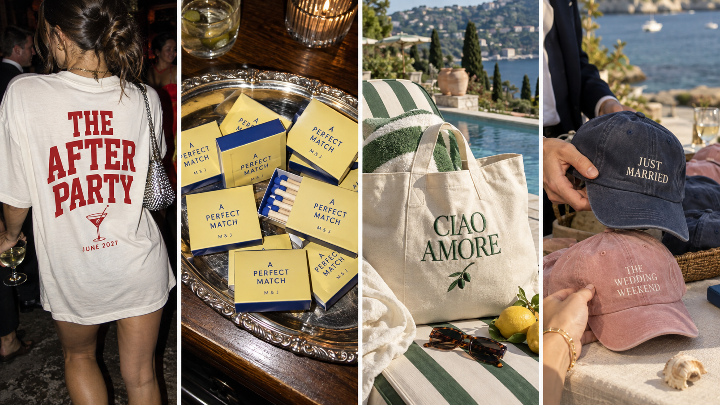 Wedding merch collage featuring “The After Party” T-shirt, “A Perfect Match” matchboxes, a “Ciao Amore” tote, and embroidered wedding caps.