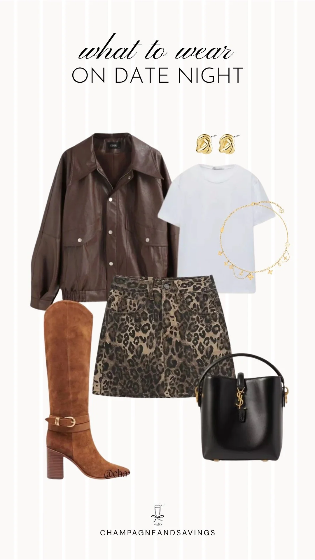 Collage of outfit pieces featuring a white tee styled with a leopard mini skirt and a brown bomber jacket for a trendy and casual fall date night outfit idea.