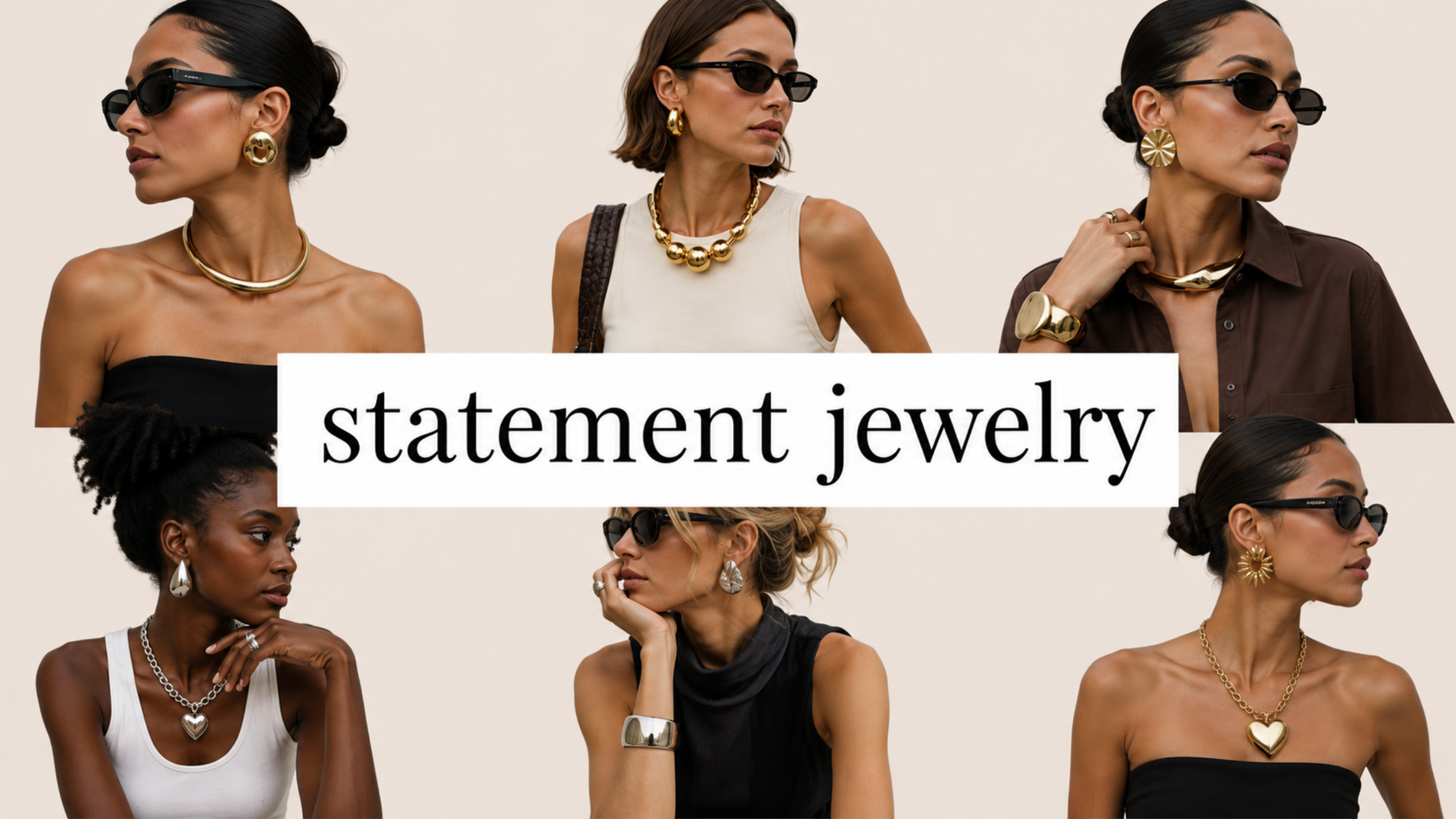 Statement jewelry fashion trend for 2027 featuring a collage of bold necklaces, earrings, bracelets, and other eye-catching jewelry pieces.
