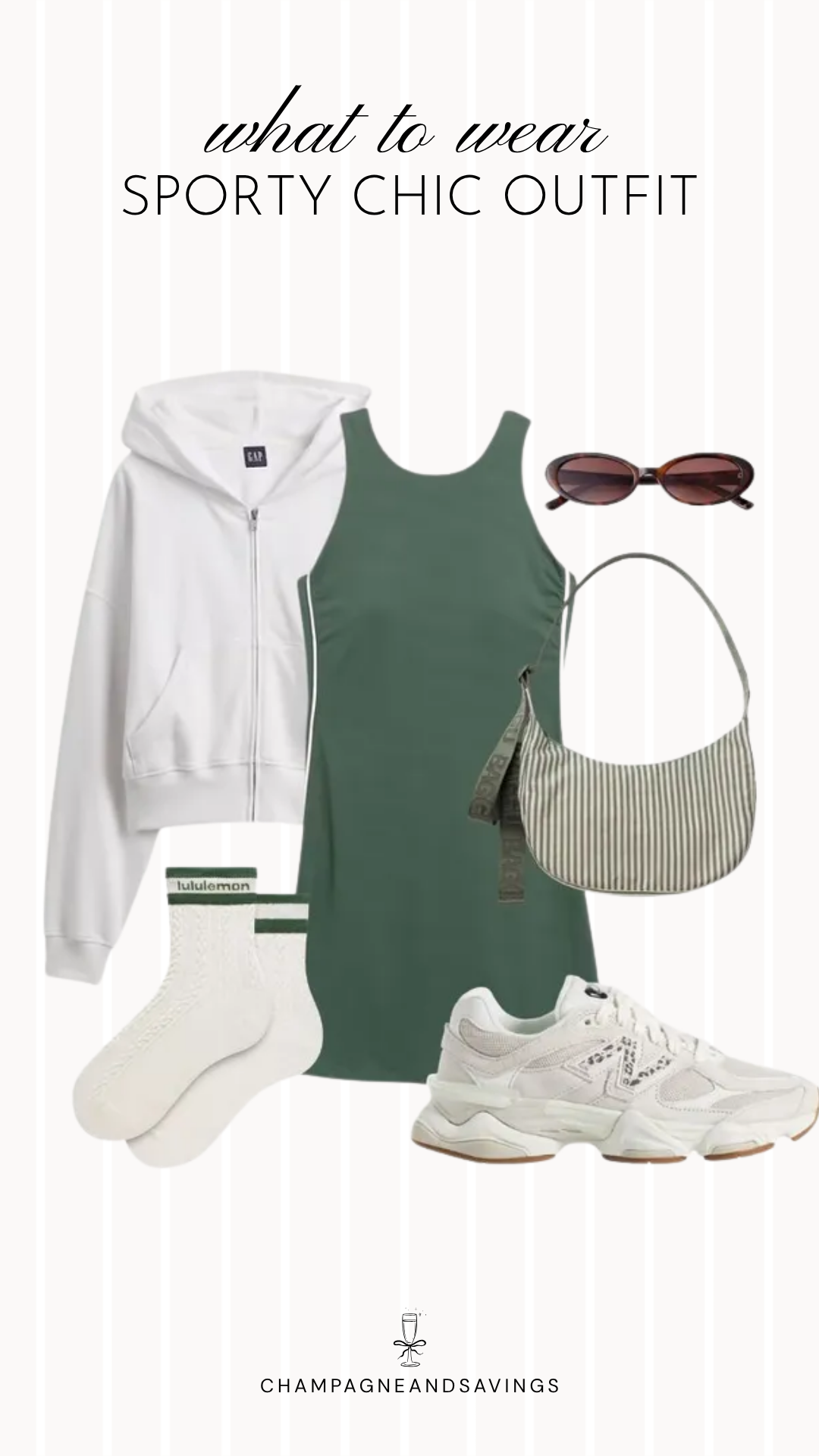 Collage of sporty chic outfit pieces featuring an athletic tank dress layered with a zip hoodie and paired with sneakers for a comfortable, on-the-go outfit.