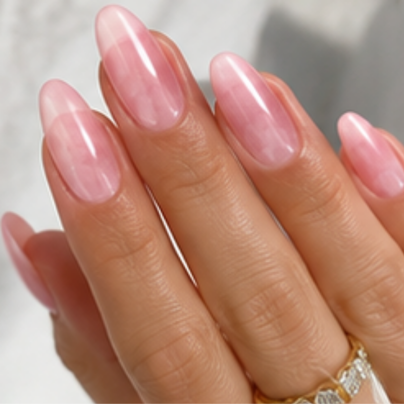 Pink manicure idea featuring glazed donut pink.