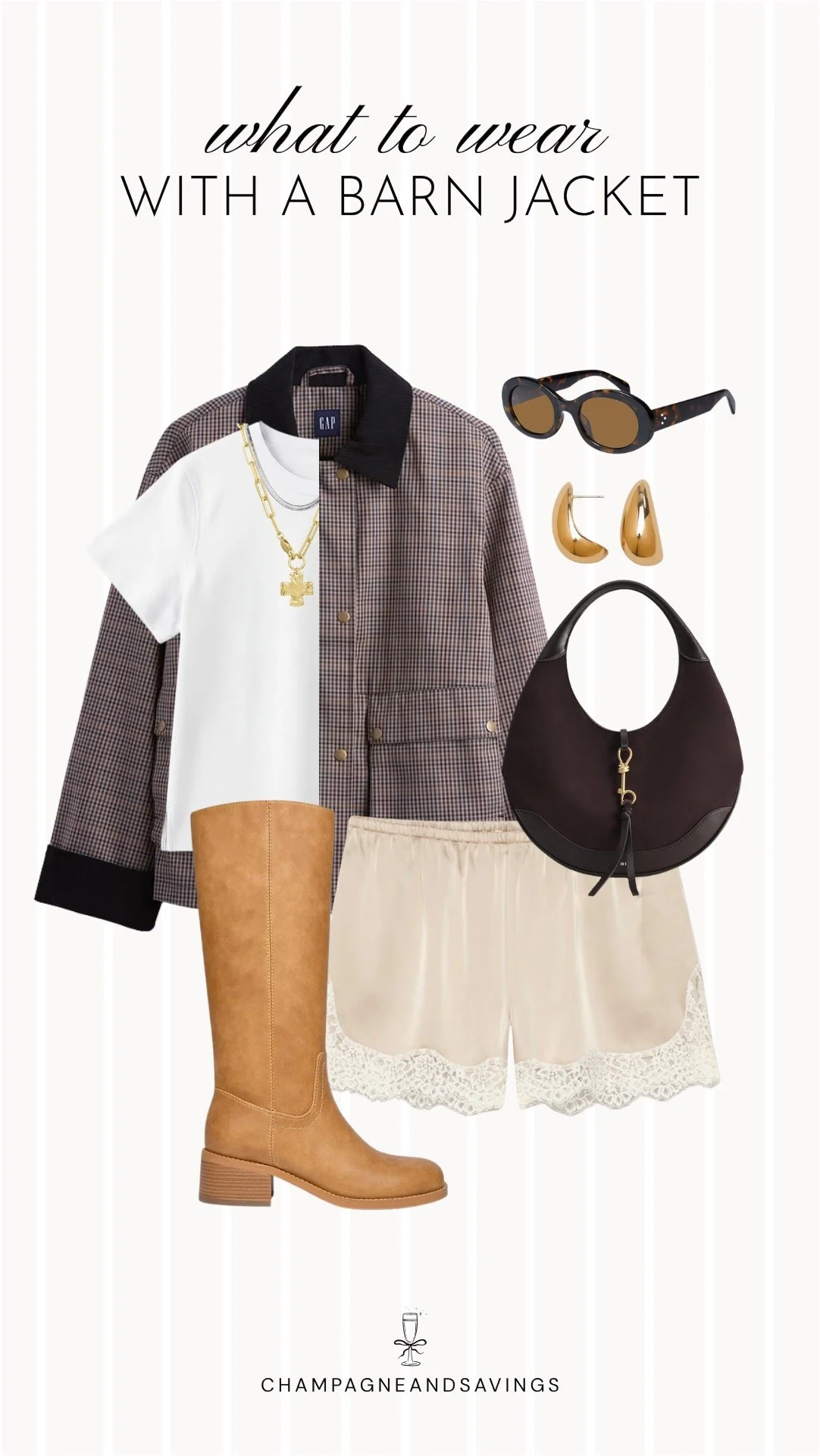 Outfit collage featuring a classic barn jacket styled with lace shorts and tall boots for a trendy fall look that mixes rustic and feminine elements.