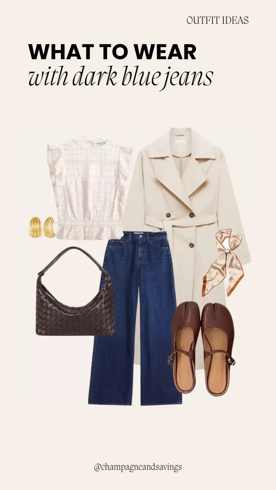 Collage of outfit pieces for a “Cream Blouse + Trench + Mary Janes” dark denim look, featuring dark denim paired with a cream blouse, classic trench coat, and Mary Jane shoes, styled in a polished chic aesthetic.