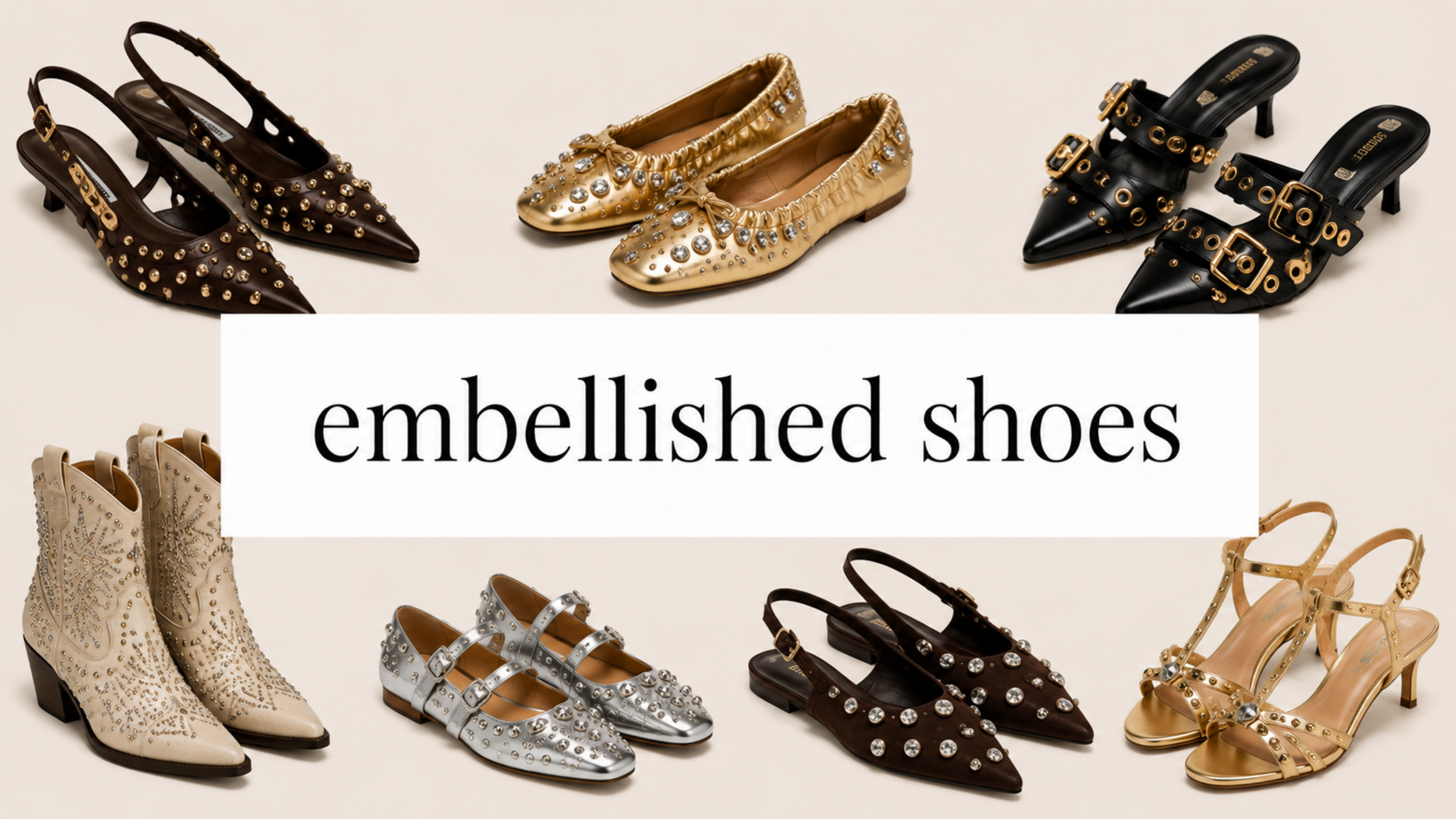 Embellished shoe fashion trend for 2027 featuring a collage of shoes with rhinestones, studs, beads, and other decorative details.