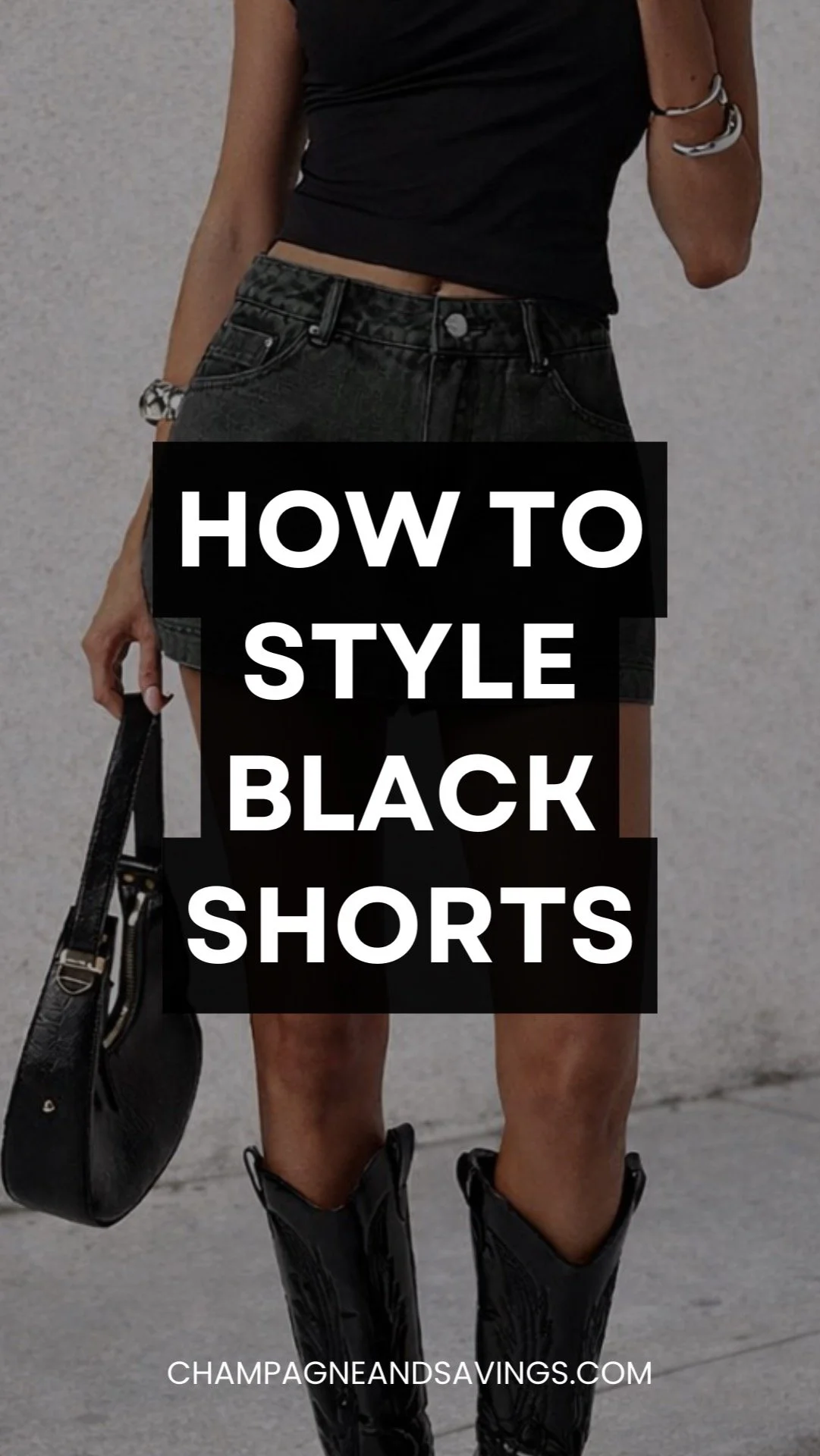 Image of a girl wearing a styled black shorts outfit as the background, with bold text overlay that reads “How to Style Black Shorts,” showcasing trendy and versatile summer styling inspiration.