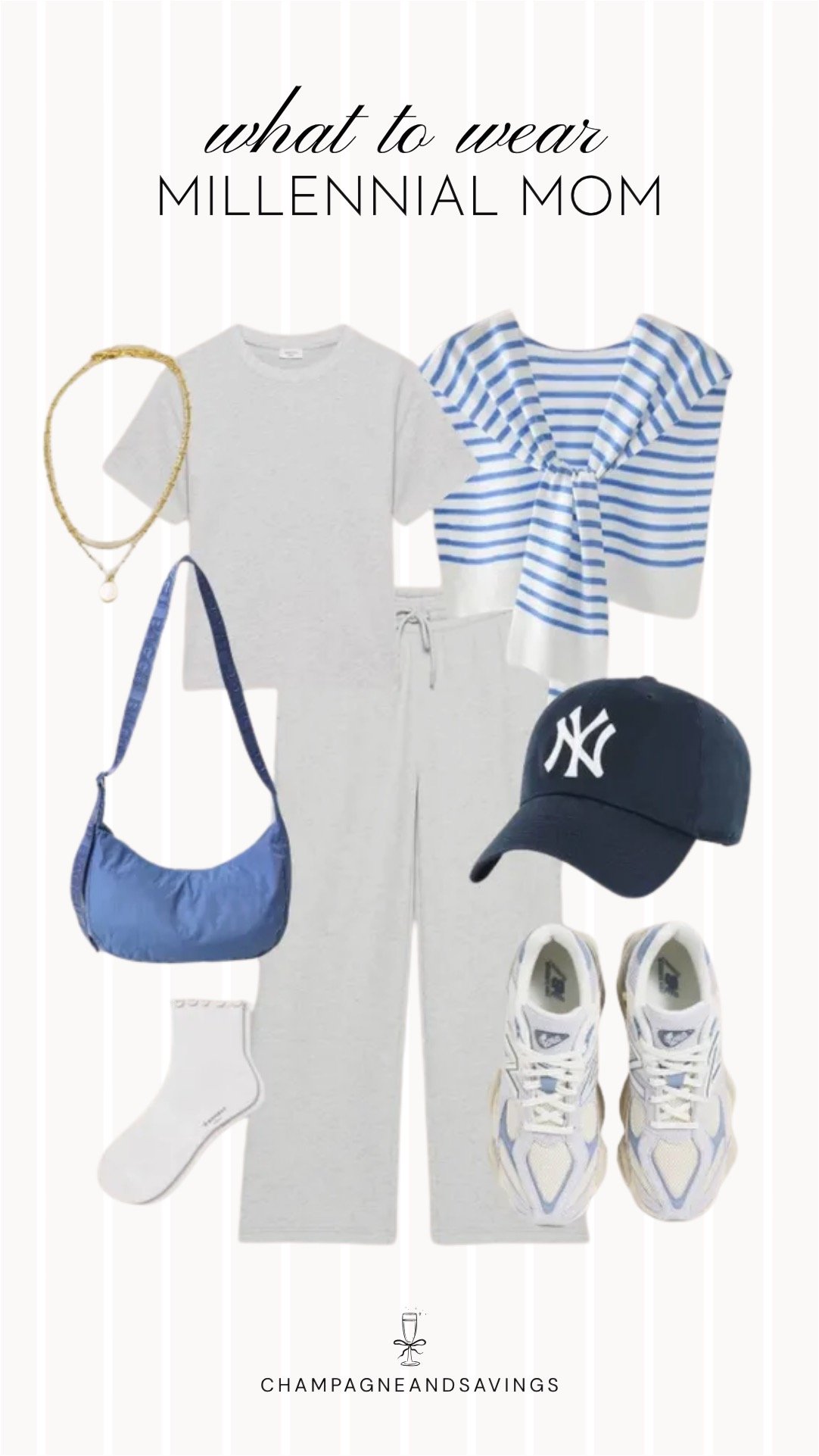 Collage of outfit pieces featuring a grey lounge set styled with a striped sweater and sneakers for a comfortable and effortlessly chic millennial mom outfit.