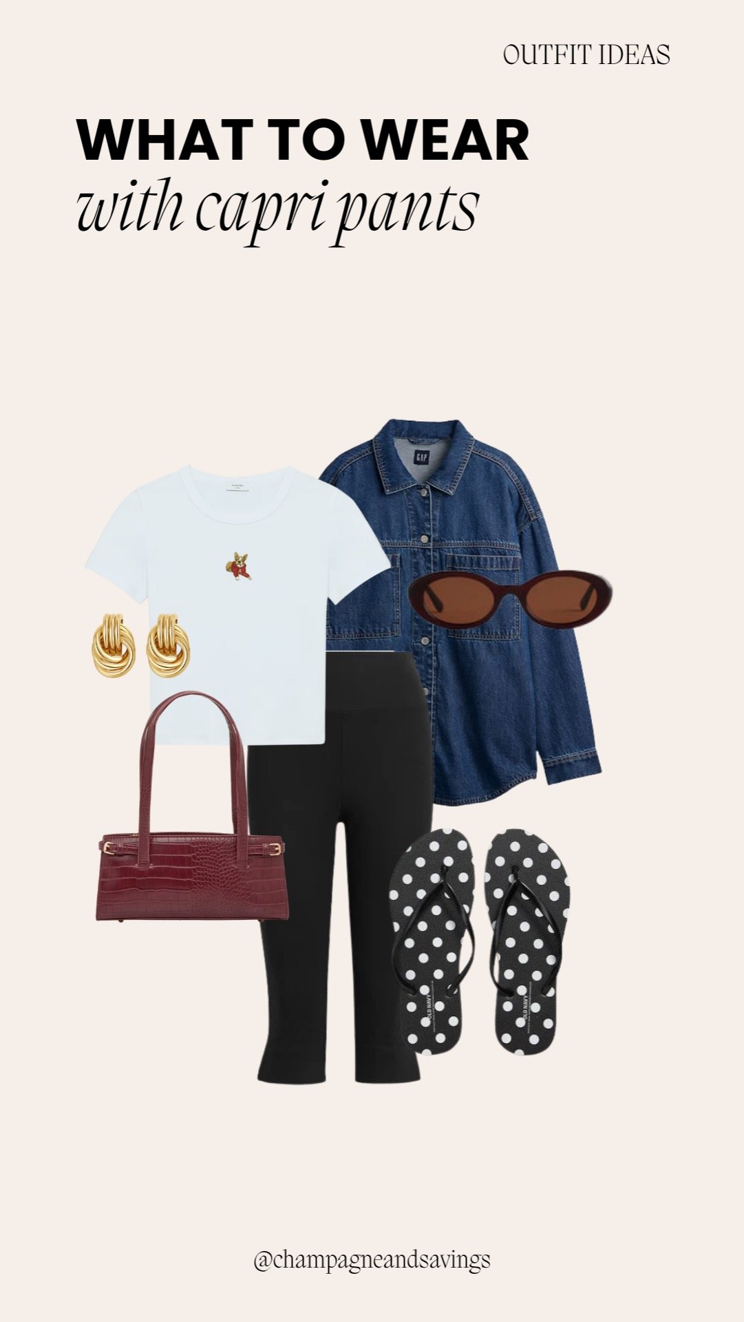 Collage of outfit pieces for a “Denim Shirt and Casual Accessories” capri pants look, featuring capri pants paired with a denim shirt and relaxed everyday accessories, styled in a laid-back casual aesthetic.