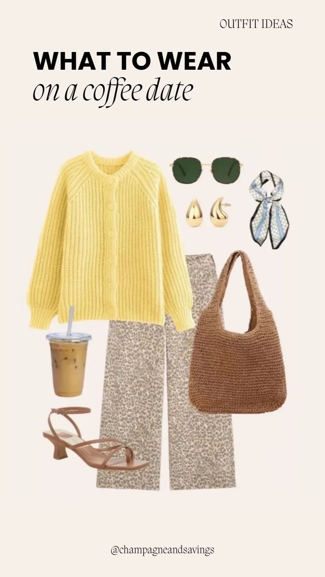 Coffee date outfit ideas collage featuring styled pieces including a sunny knit and printed pants for a bright, effortless café look