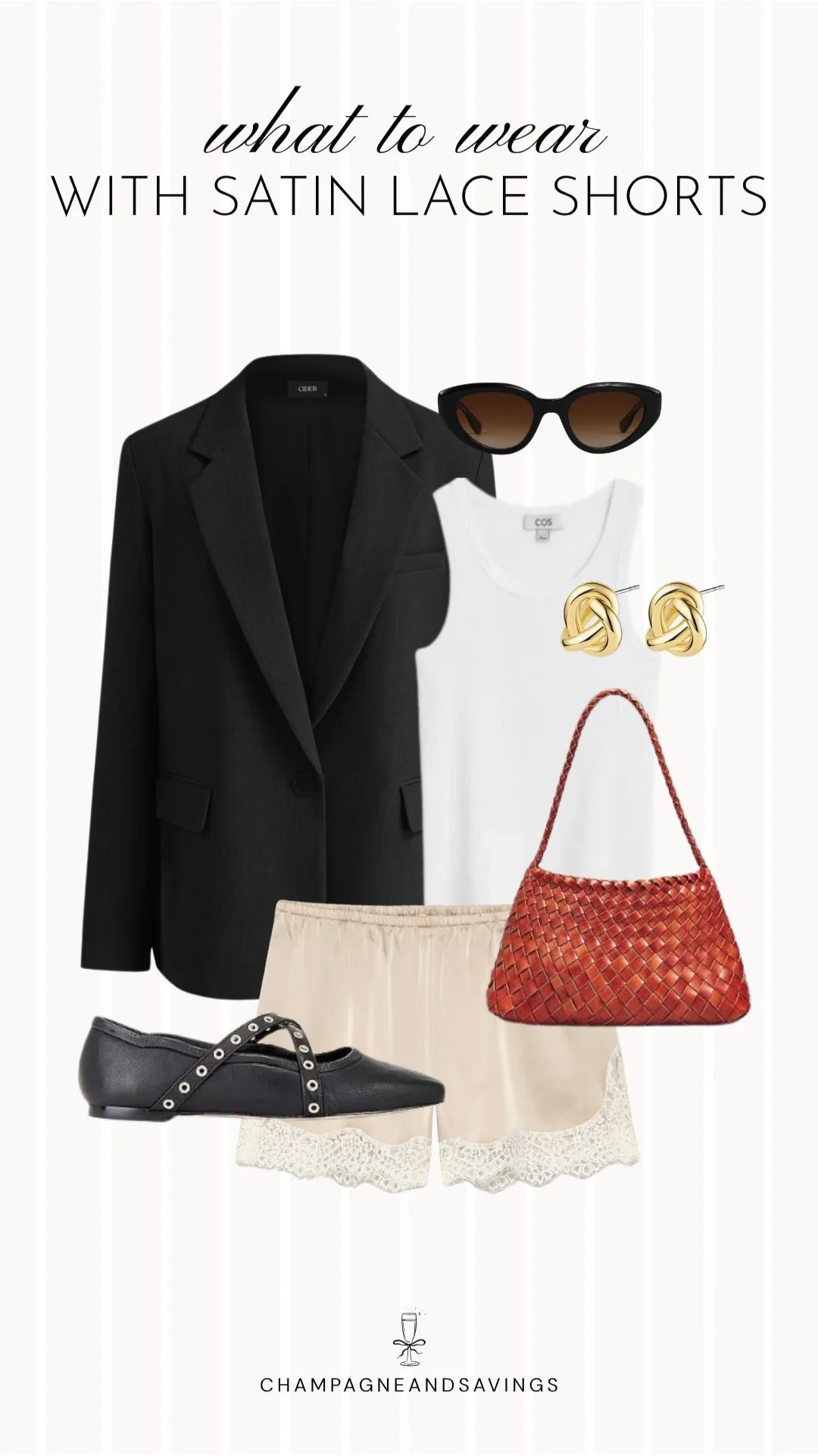 Collage of outfit pieces featuring Satin Lace Shorts with a Black Blazer and Mary Janes