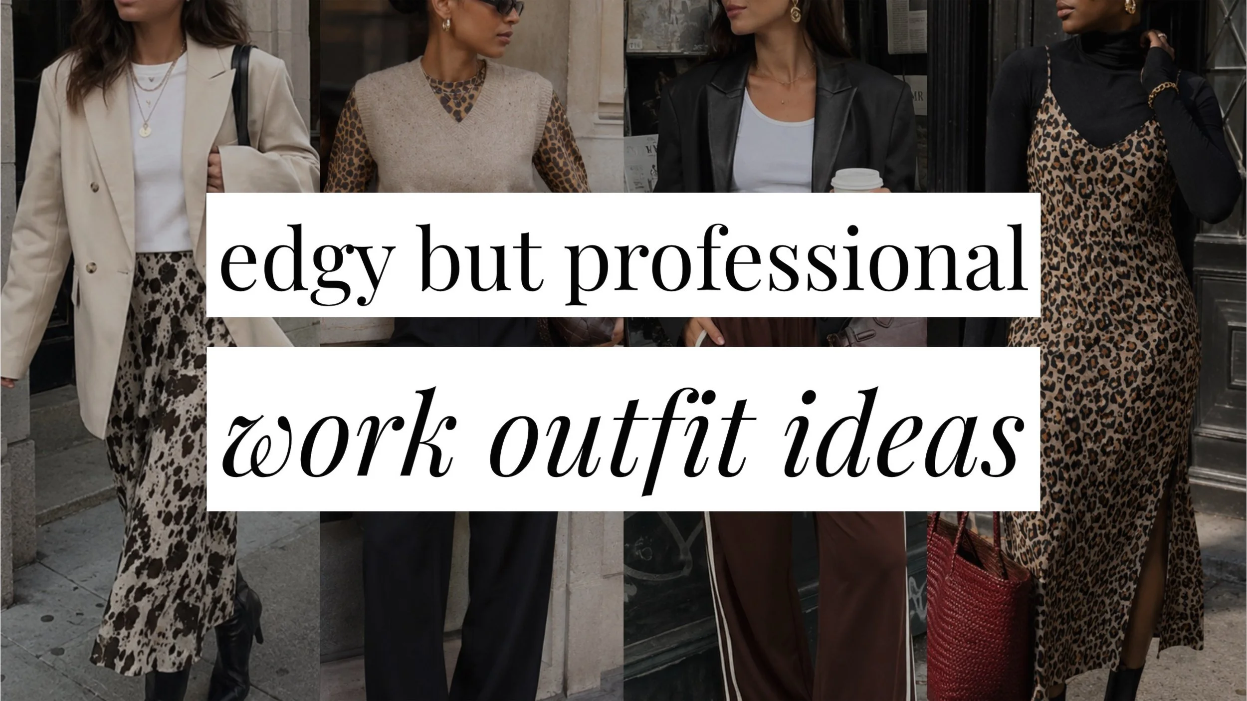 Image that says Edgy But Professional Work Outfit Ideas and has a collage of girls in styled outfits in the background.