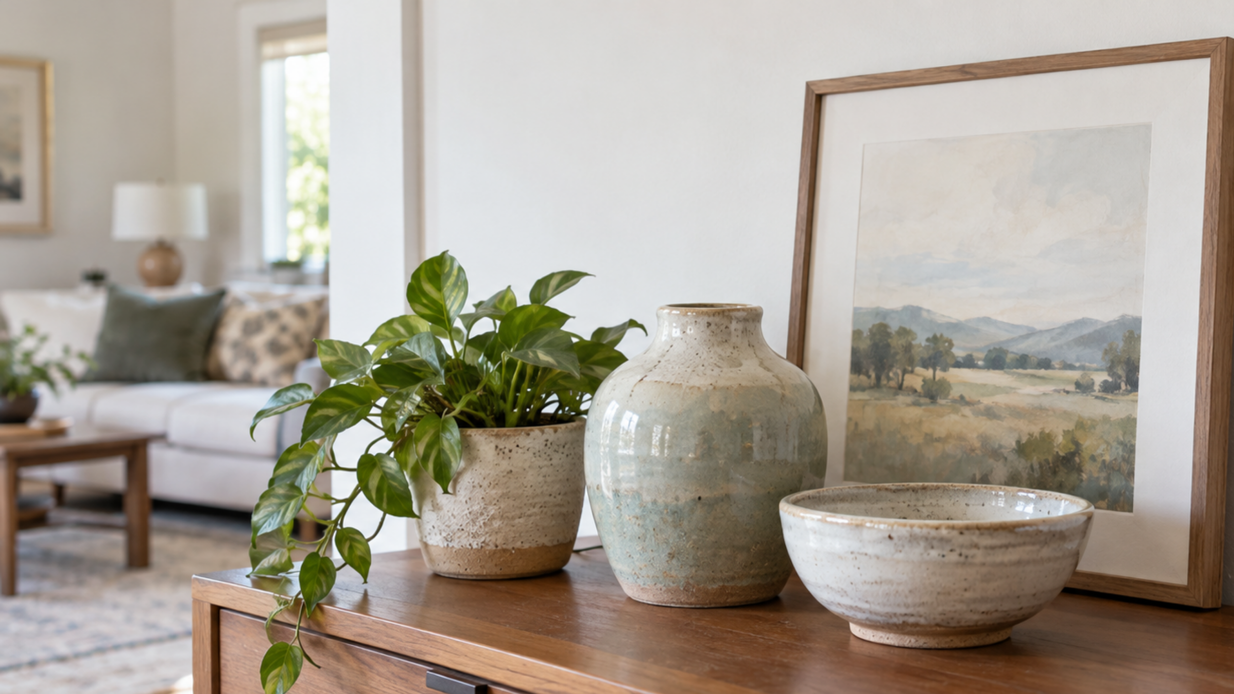 eclectic mix of ceramic decor arranged on a side table