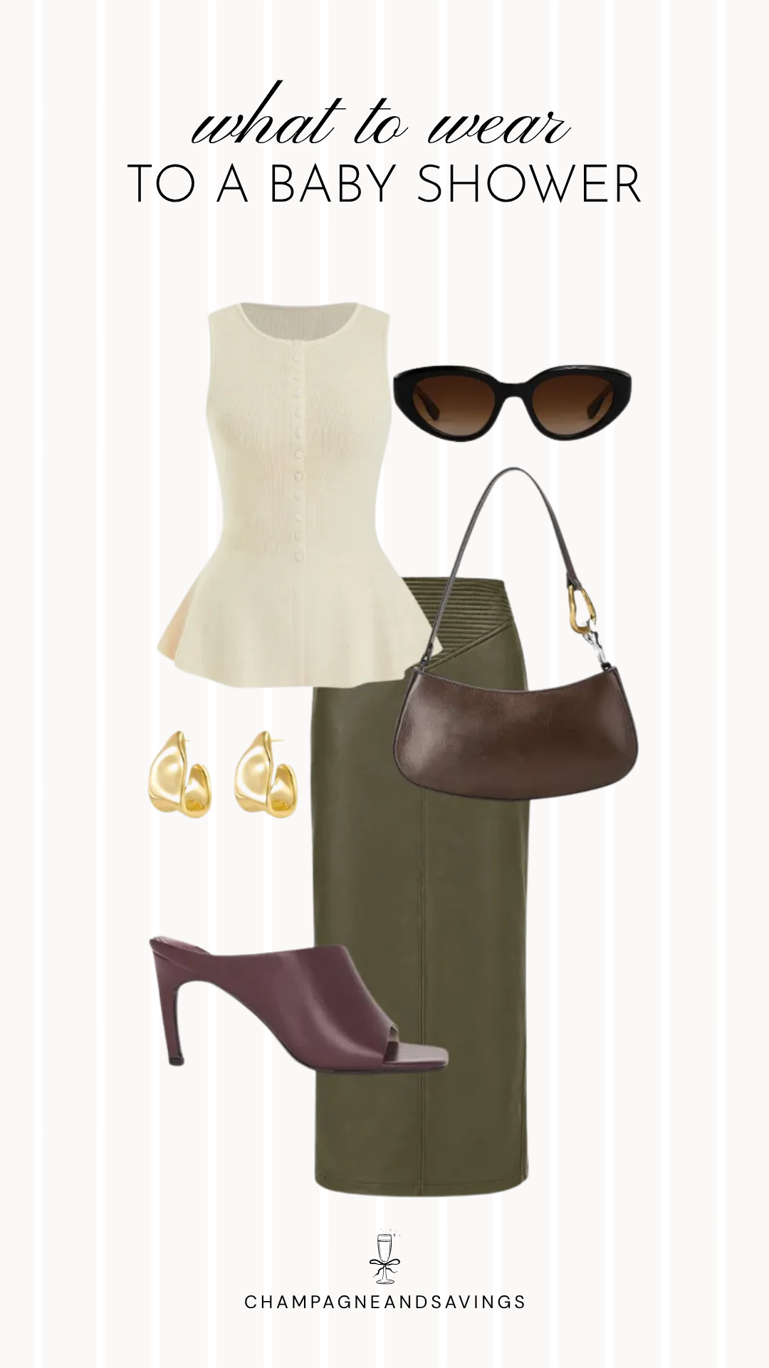 Collage of outfit pieces featuring a cream peplum top paired with an olive midi skirt, coordinating shoes, handbag, and accessories for a chic and trendy baby shower guest outfit idea.