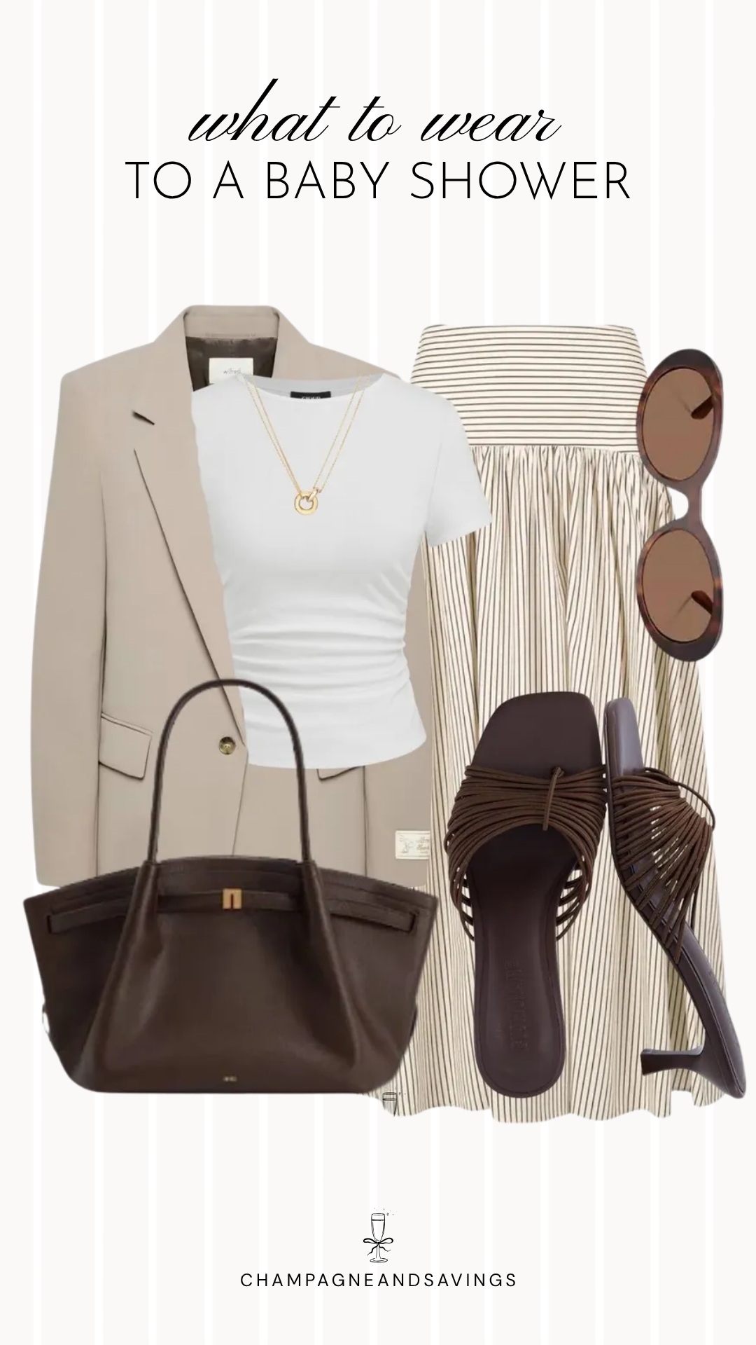 Collage of outfit pieces featuring a beige blazer paired with a striped midi skirt, coordinated top, shoes, handbag, and accessories for a chic and trendy baby shower guest outfit idea.