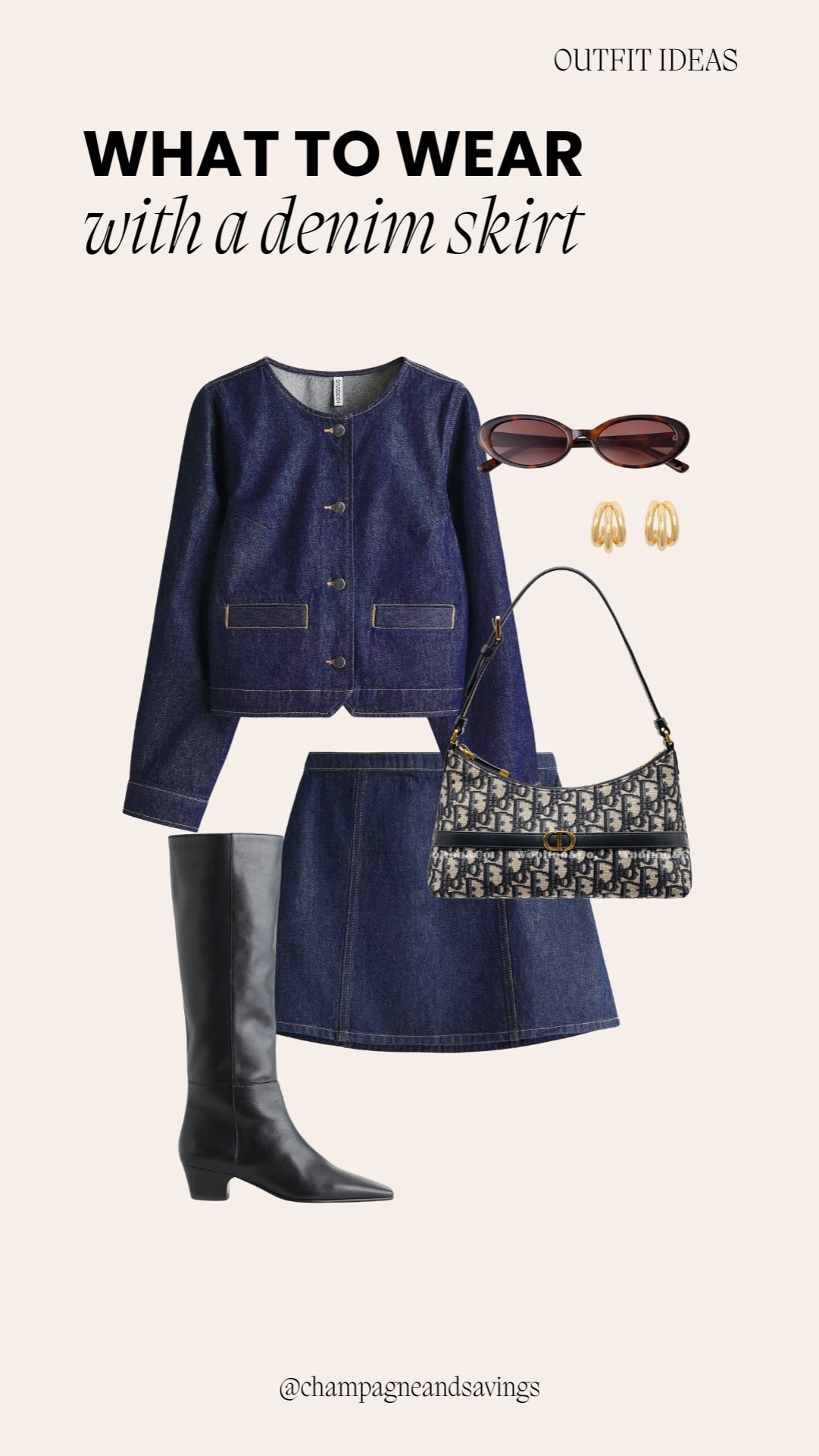 Mini skirt outfit idea featuring a dark denim set paired with knee-high boots, styled together as coordinated outfit pieces.