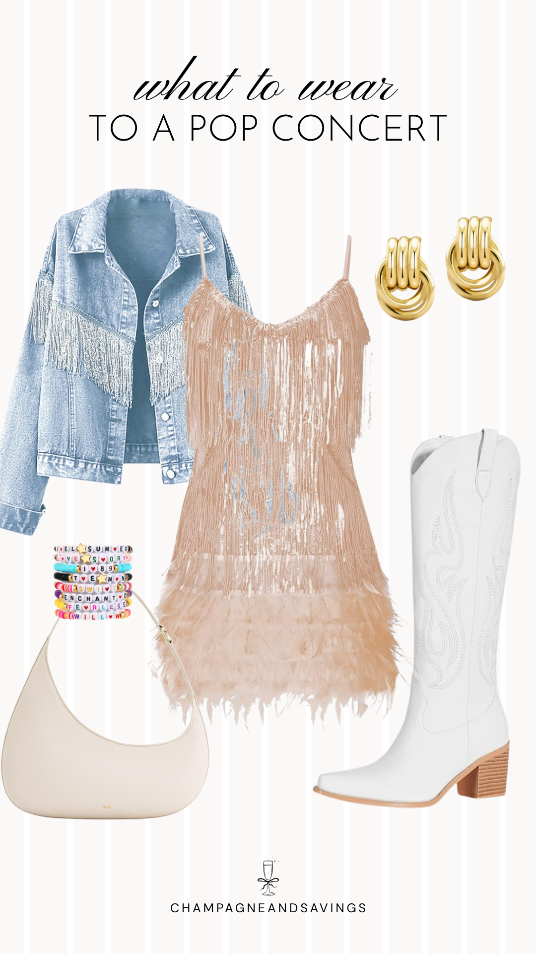 Collage of outfit pieces featuring a fringe dress layered with a denim jacket and paired with cowboy boots, creating a stylish pop concert outfit idea with a western-inspired twist.