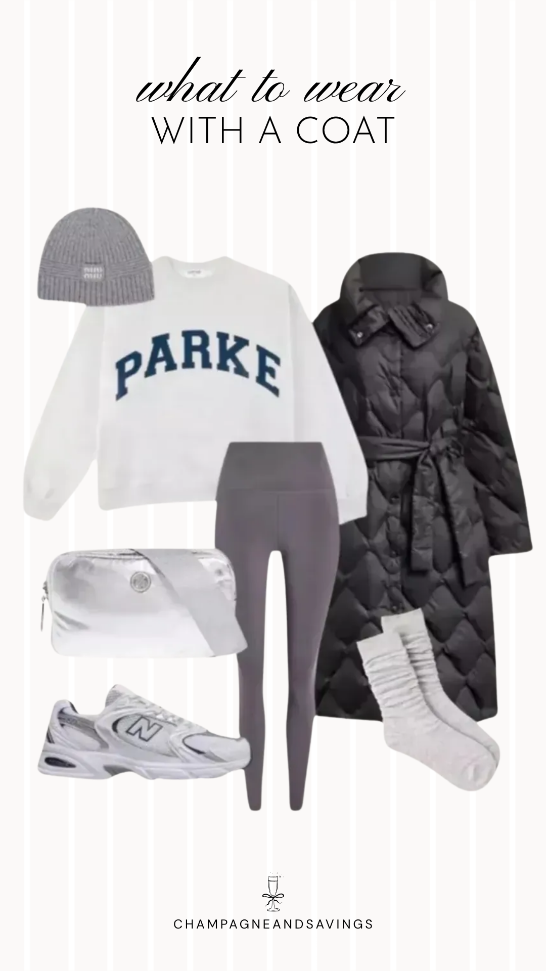 Coat styling idea featuring a graphic sweatshirt layered with a puffer coat and paired with leggings, shown in a fall fashion collage with coordinated outfit pieces for a cozy and casual layered look.