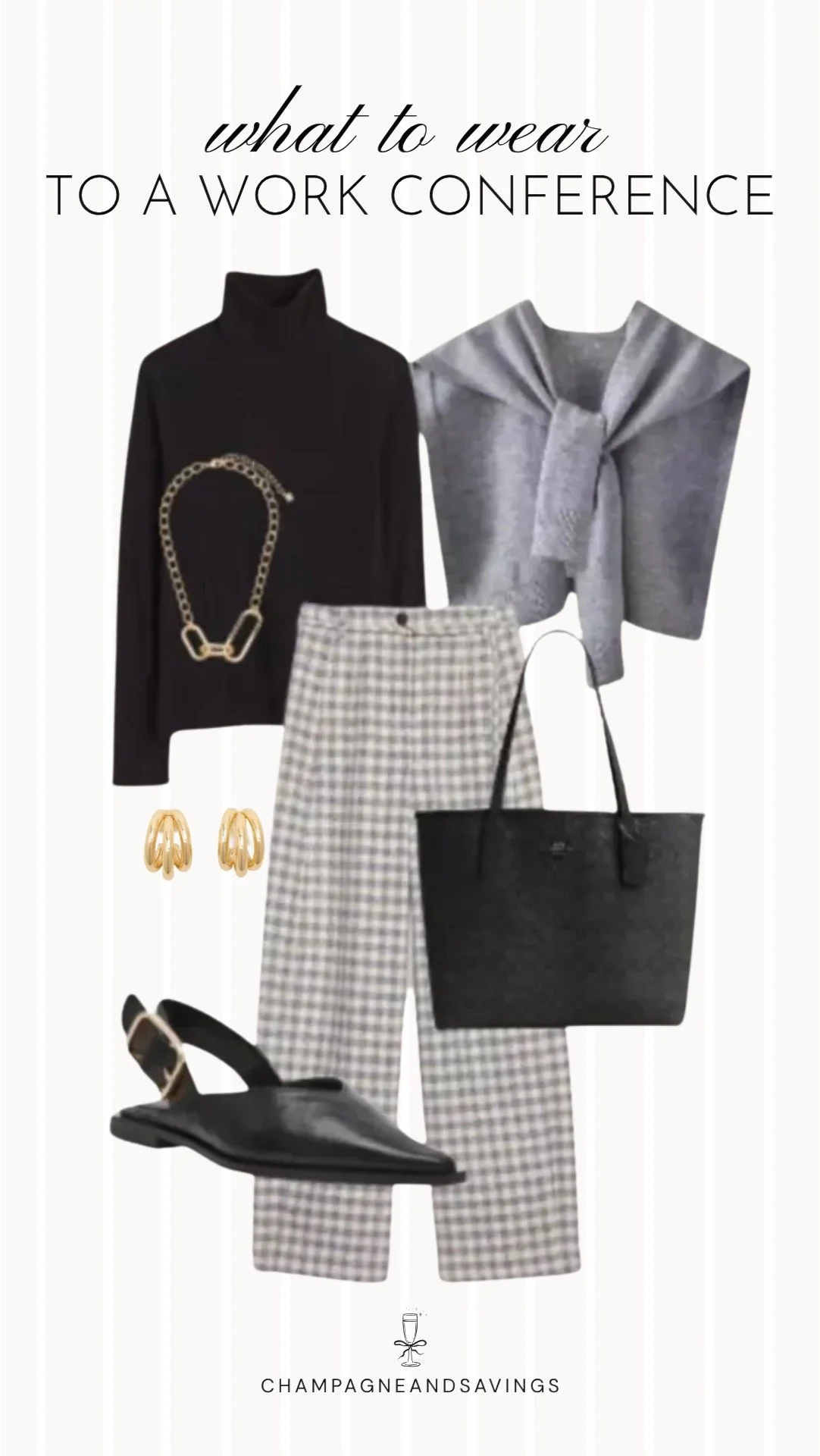 Collage of work conference outfit pieces featuring a black turtleneck, check pants, and a chain necklace for a sleek, polished professional look.