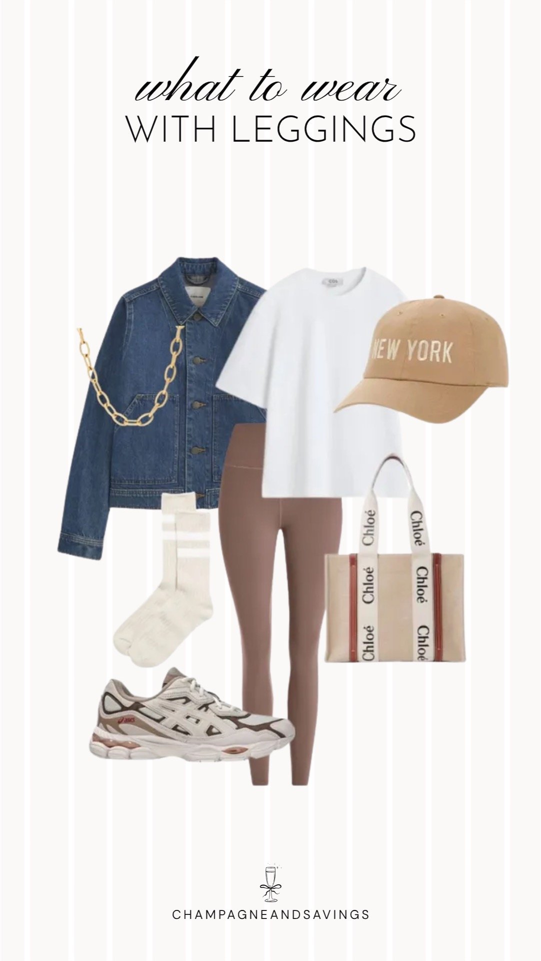 Collage of outfit pieces featuring black leggings styled with a denim jacket and casual sneakers for a comfy and chic fall outfit.