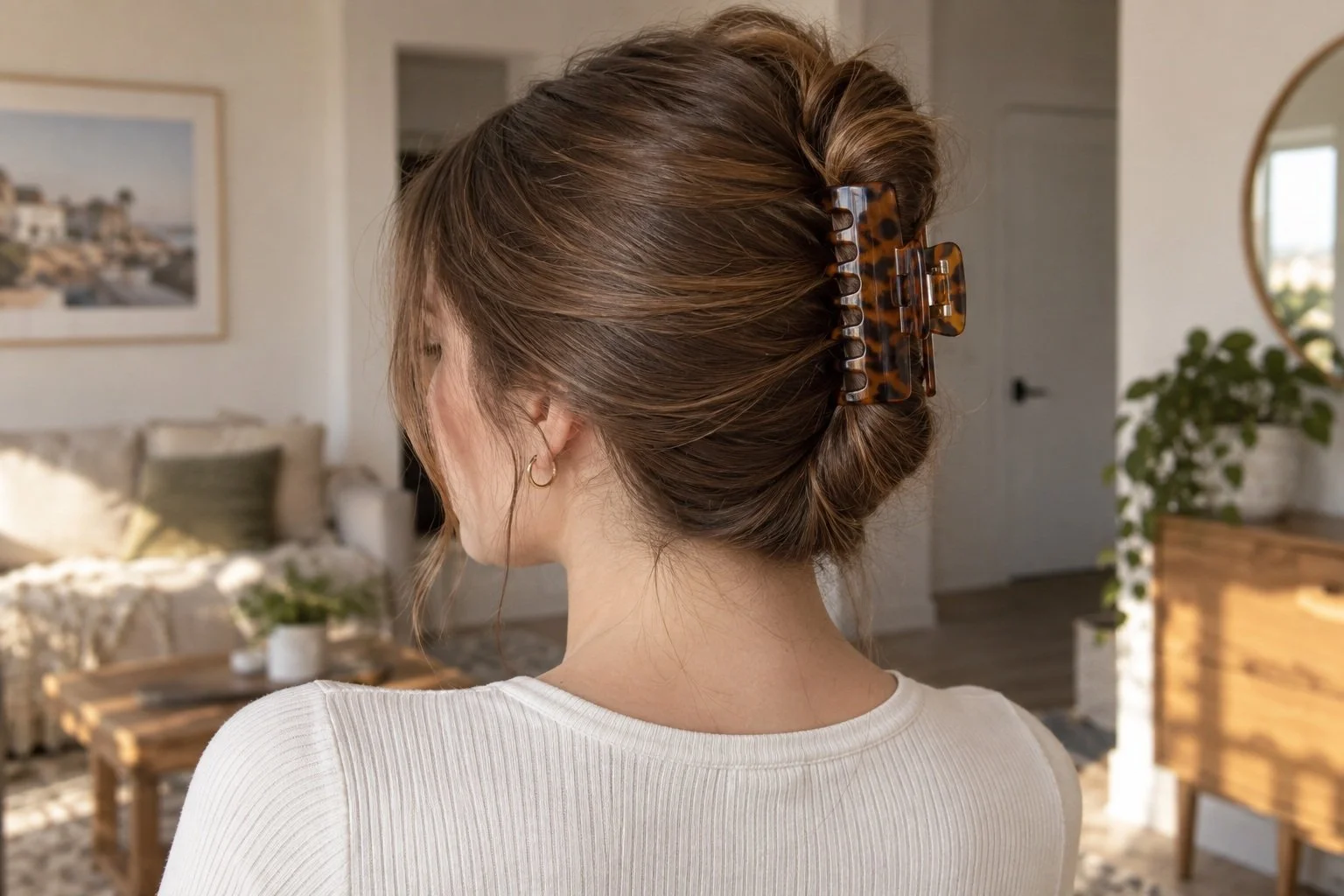 Image featuring a Claw Clip French Twist as a cute, easy hairstyle.