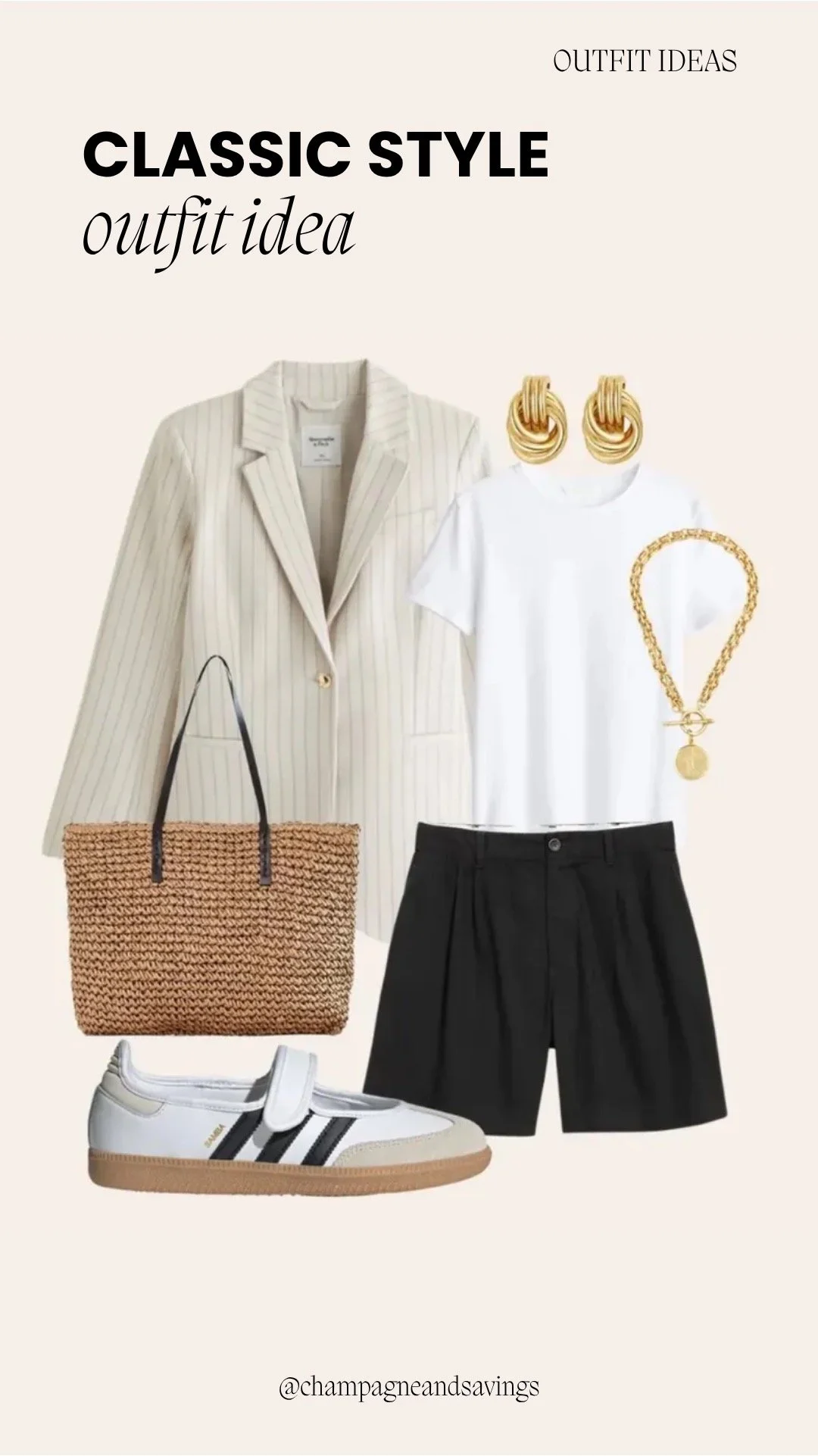 Image of a classic outfit collage featuring a pinstripe blazer layered over a white tee with black shorts and sneakers styled together with coordinating accessories arranged as outfit pieces