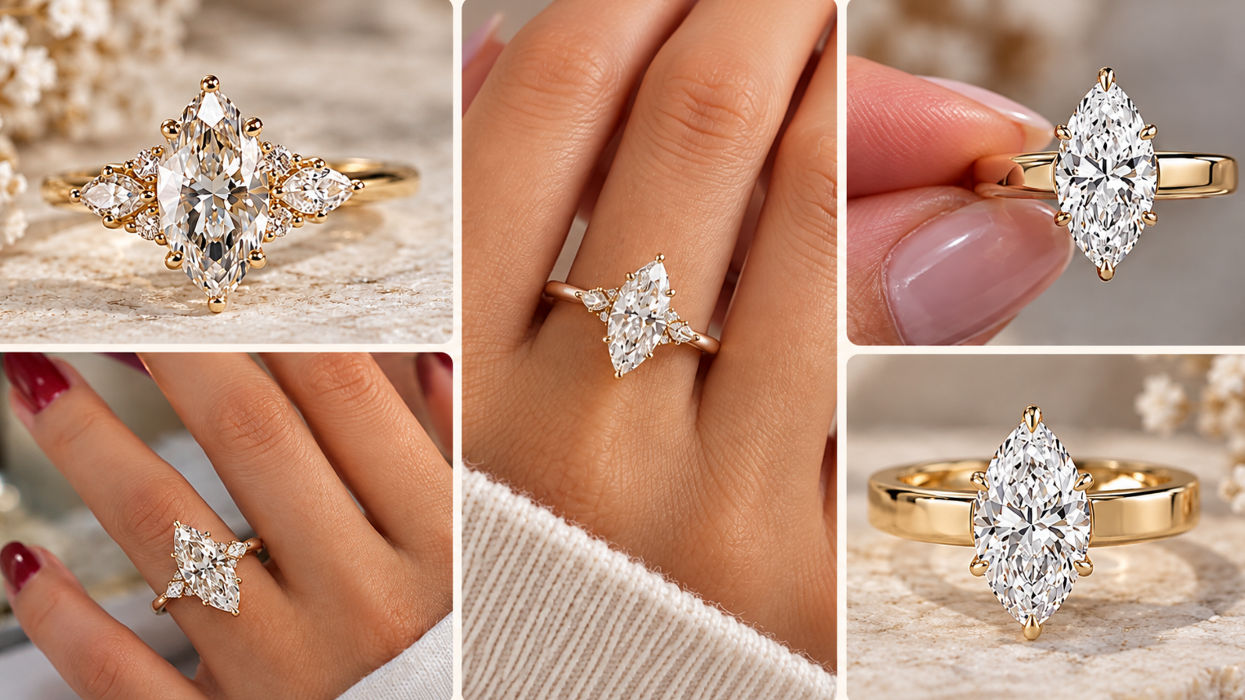 Collage of marquise cut diamond engagement rings featuring elongated, pointed diamonds in modern, vintage-inspired, and solitaire settings.