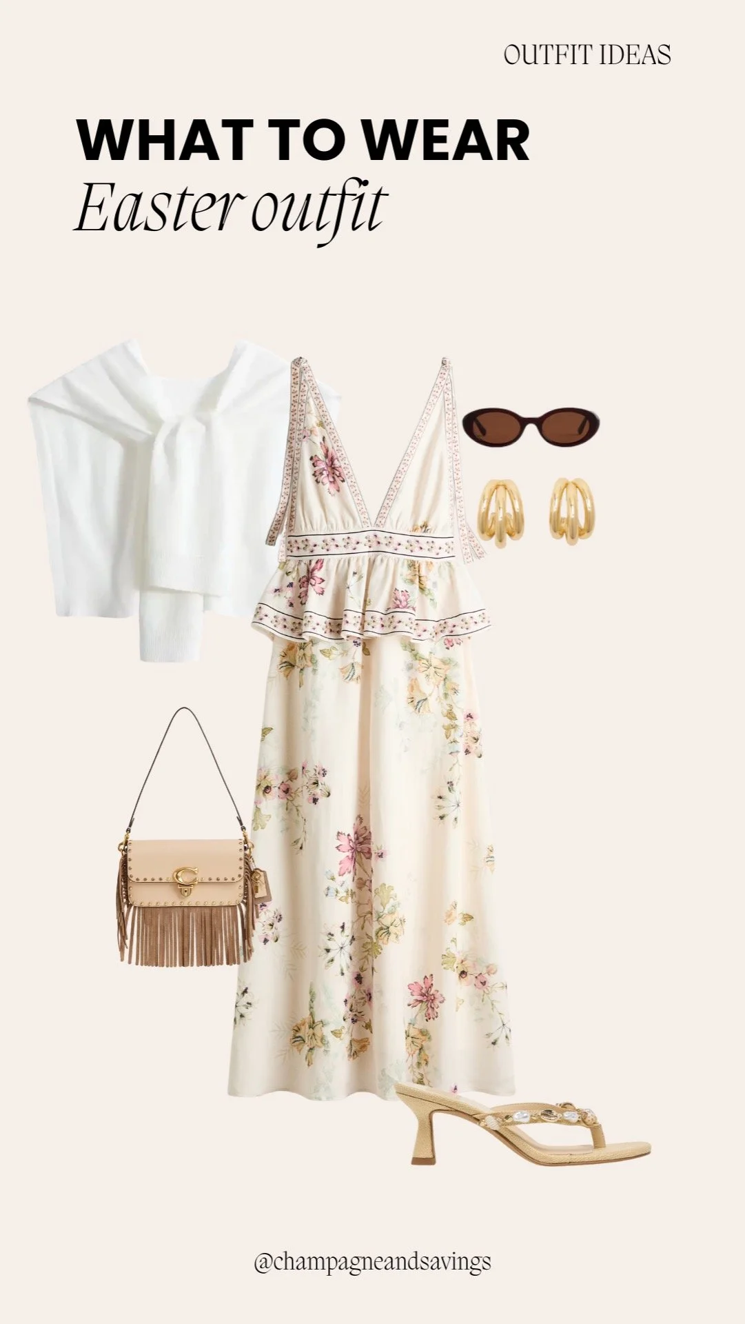 Outfit collage featuring a soft floral midi dress paired with lightweight layers for a feminine spring look.