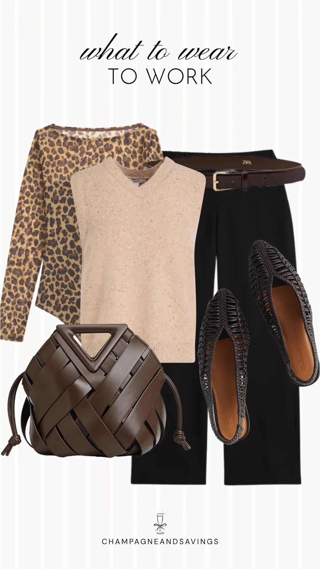 Edgy work outfit collage featuring a leopard print top layered under a sweater vest and paired with tailored trousers, creating a sophisticated office look with bold pattern and modern layering.