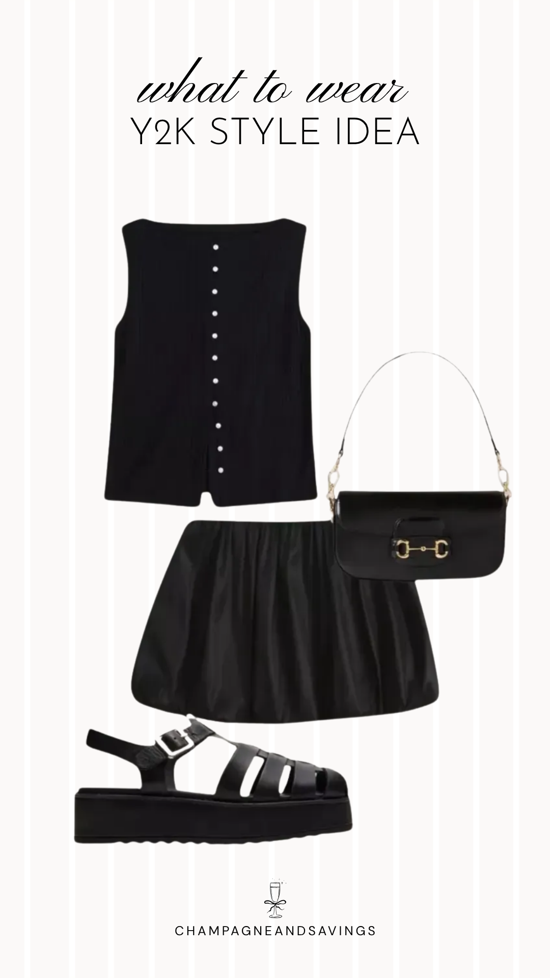 Y2K outfit idea collage featuring a black mini skirt with fisherman sandals for a trendy 2026 look.