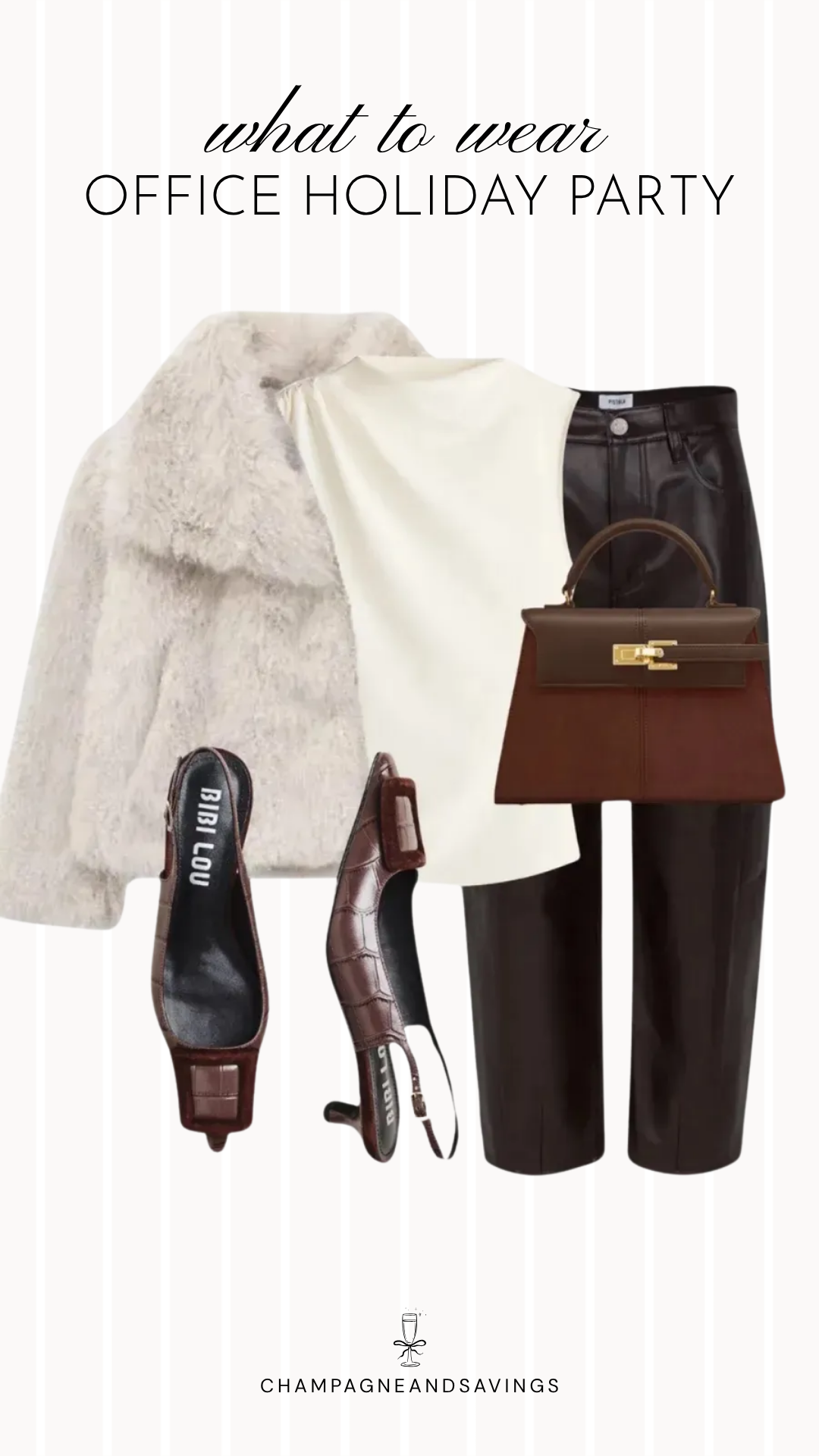 Work holiday party outfit idea featuring leather pants styled with a faux fur jacket and coordinating outfit pieces for a chic, festive office party look.