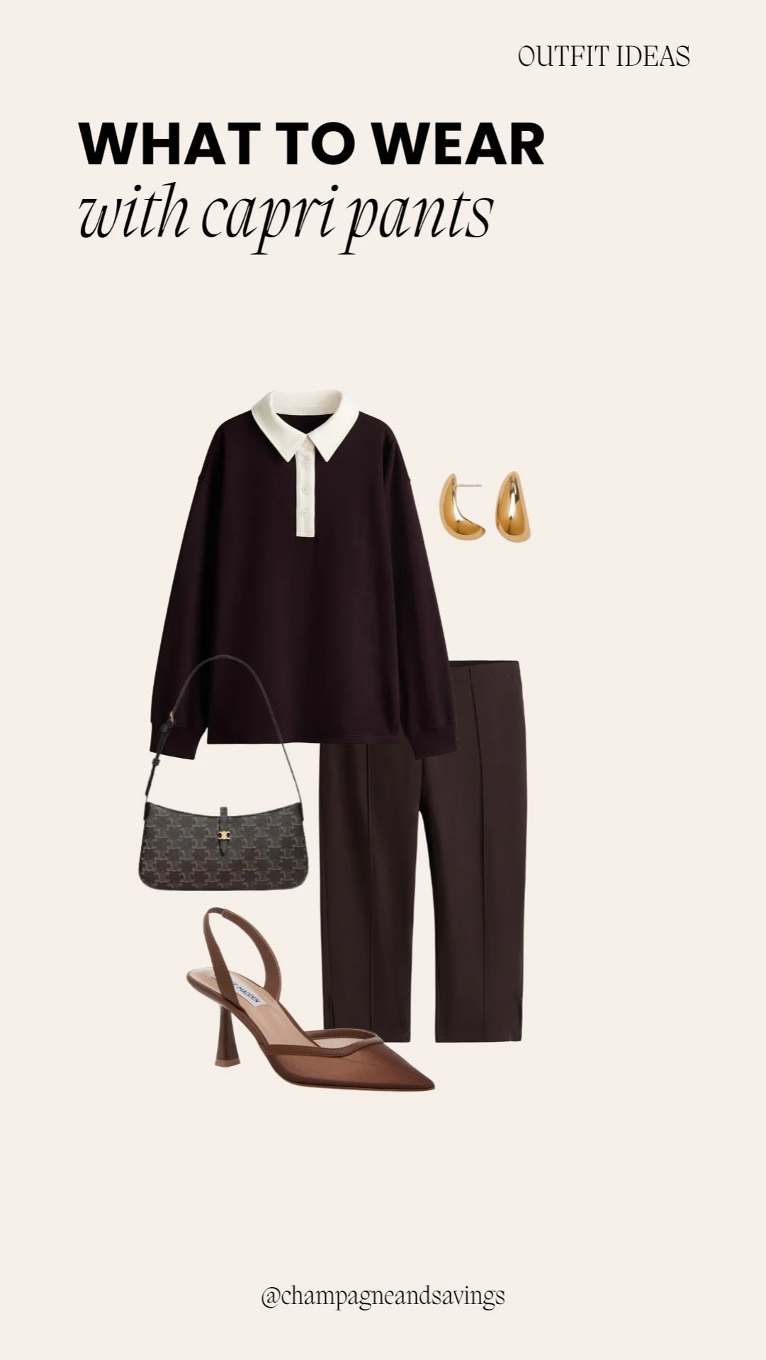 Collage of outfit pieces for a “Rich Chocolate Monochrome” capri pants look, featuring capri pants paired with chocolate-toned tops and accessories, styled in a warm monochromatic aesthetic.