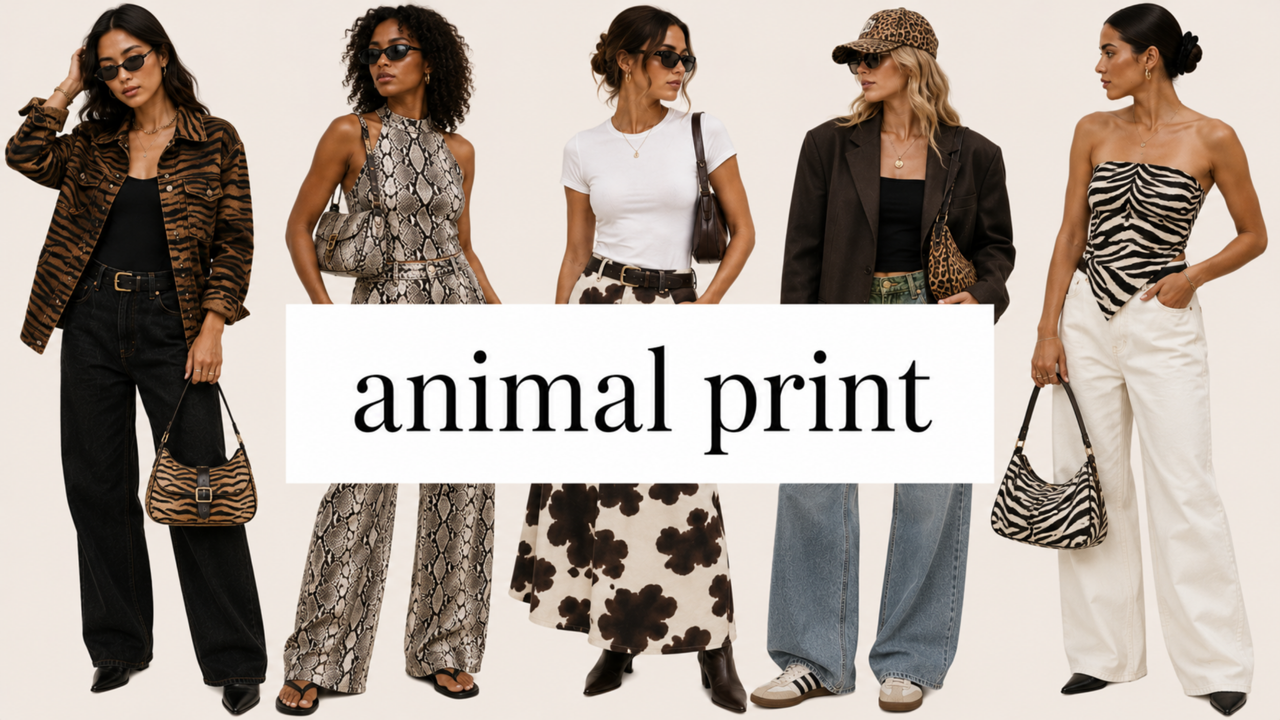 Animal print fashion trend for 2027 featuring a collage of clothing and accessories in zebra, snake, cow, and other animal prints beyond leopard.