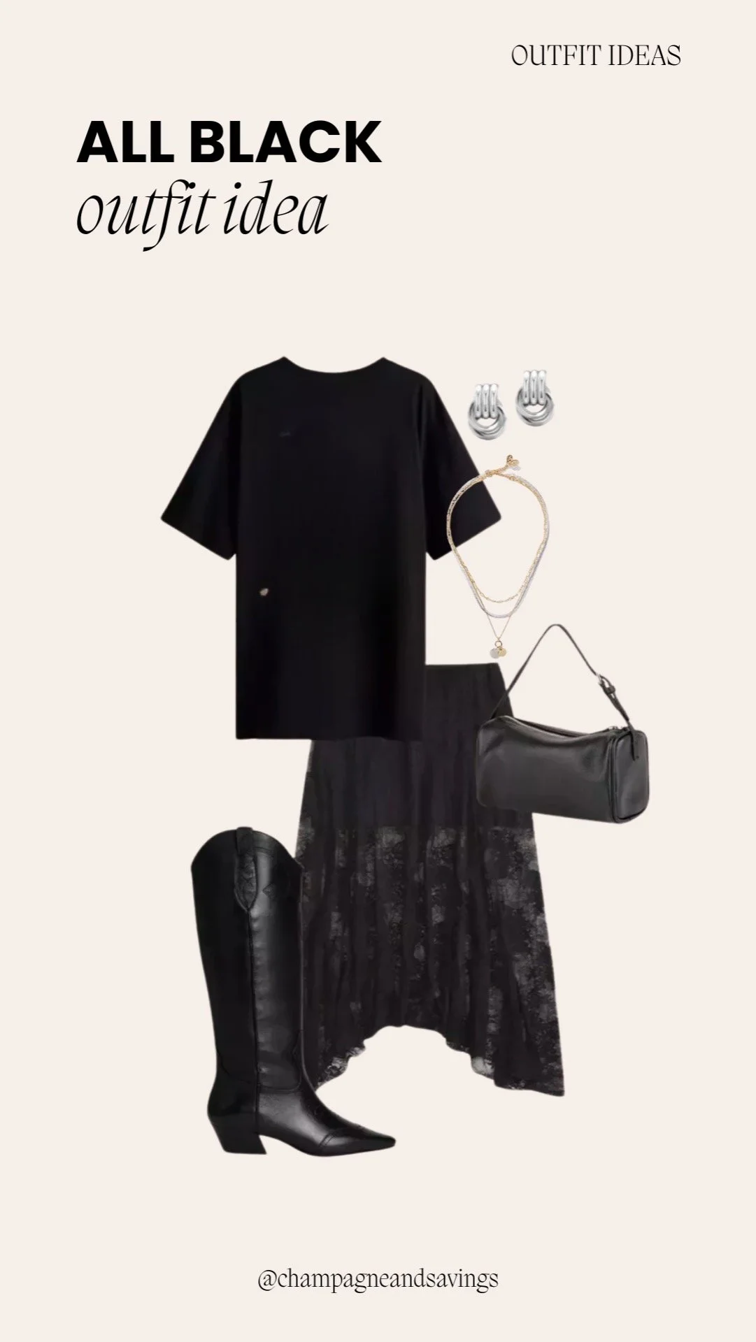 Outfit collage showing a cute and comfy all-black outfit idea with an oversized tee and lace midi skirt.