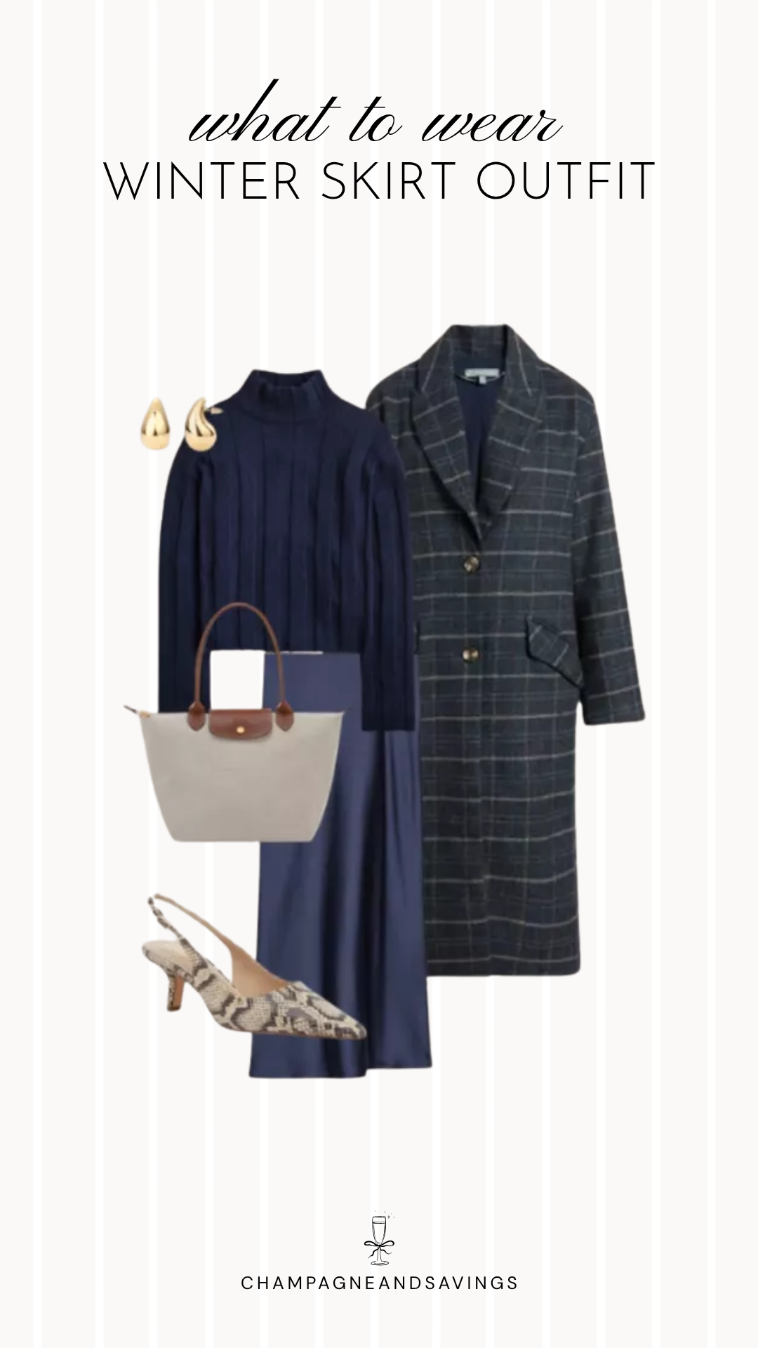 Navy maxi skirt and plaid coat winter outfit idea with cozy layers and accessories for a chic cold-weather look.