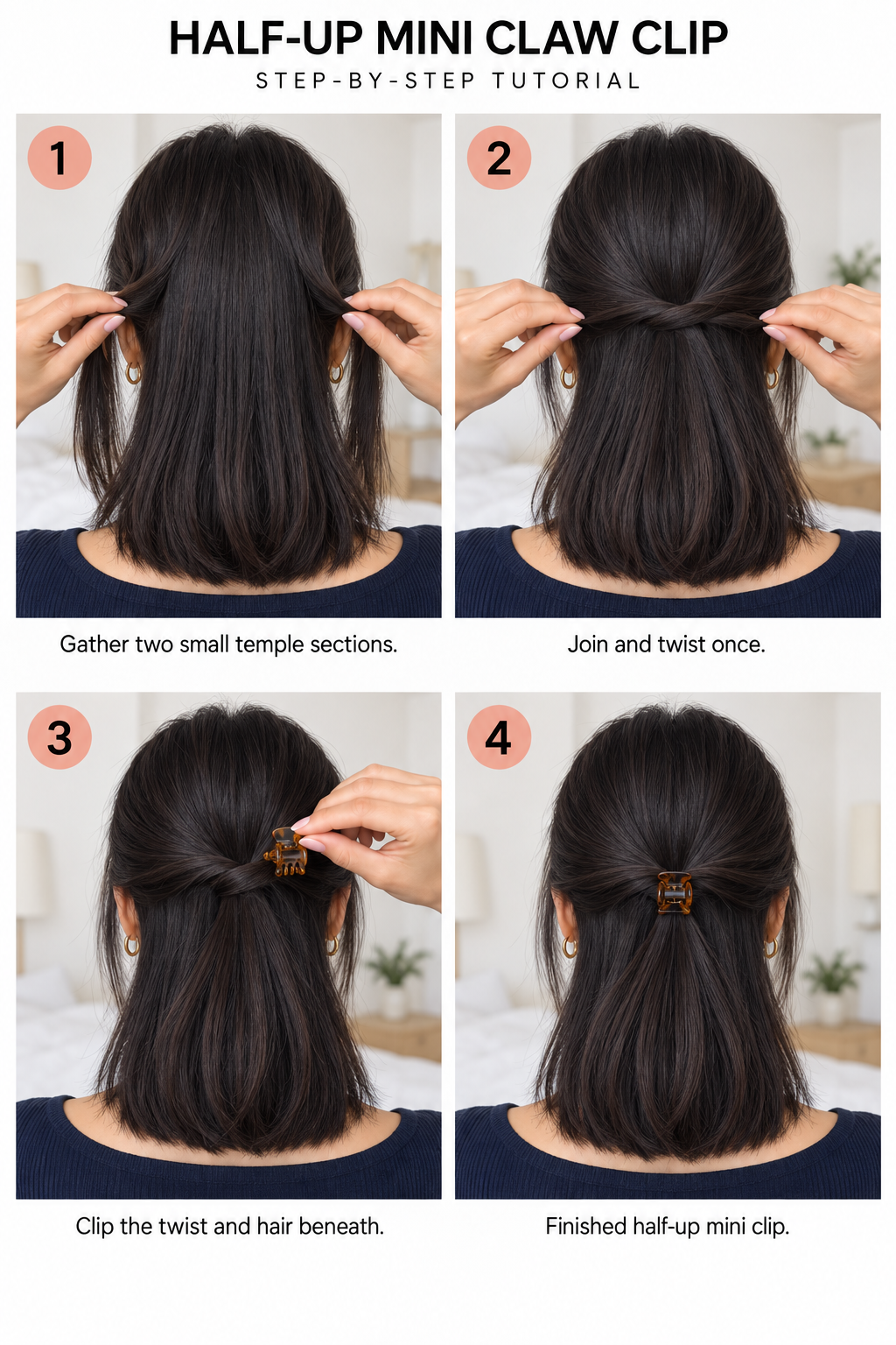 Step by step tutorial on how to do a half up mini claw clip hairstyle.