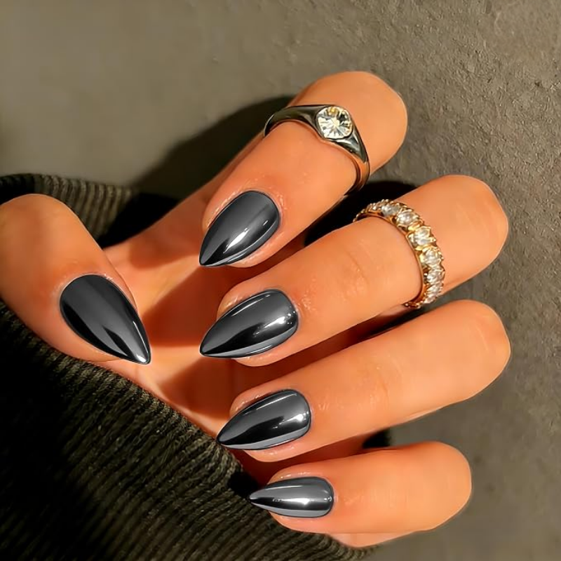 Fall chrome nail idea featuring gunmetal black chrome