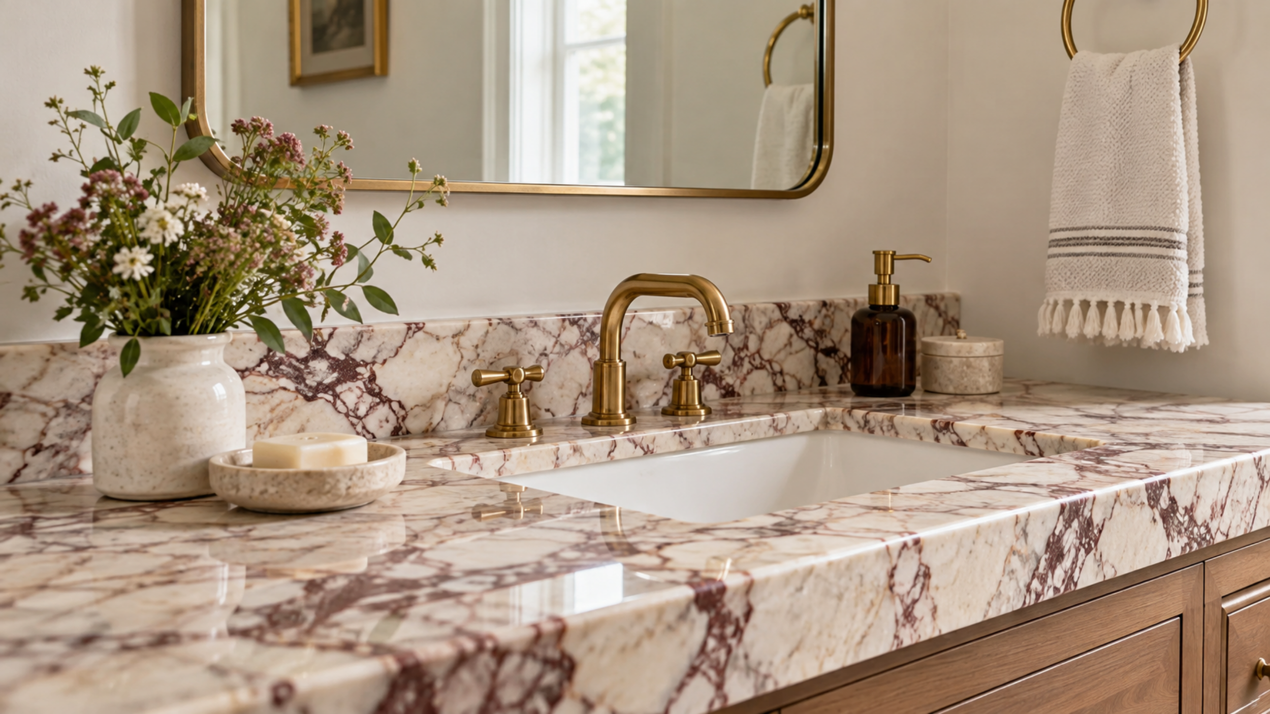 Elegant bathroom with richly veined marble countertop and vintage brass fixtures