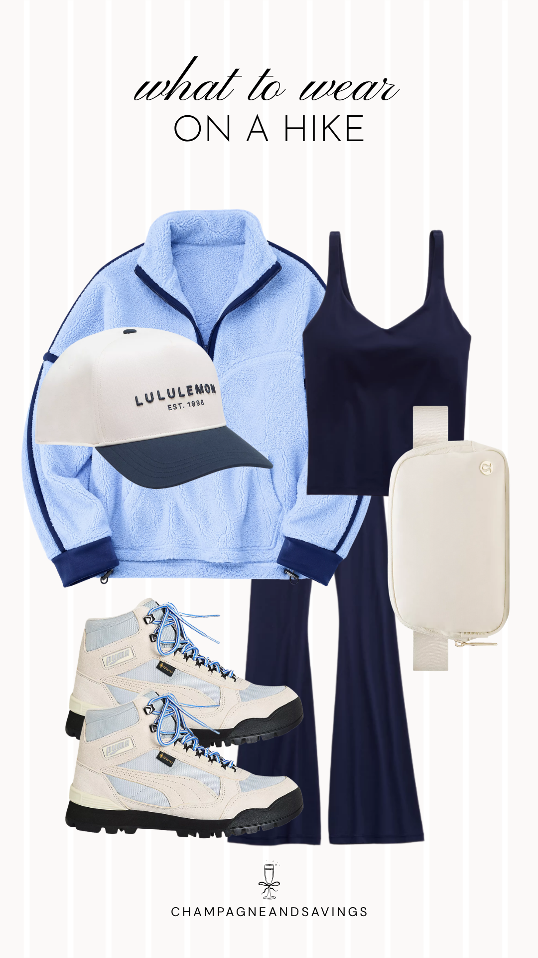 A collage of outfit pieces featuring a light blue fleece quarter-zip paired with navy hiking pants and sturdy hiking boots, creating a comfortable, practical, and stylish hiking outfit for cool-weather outdoor adventures.