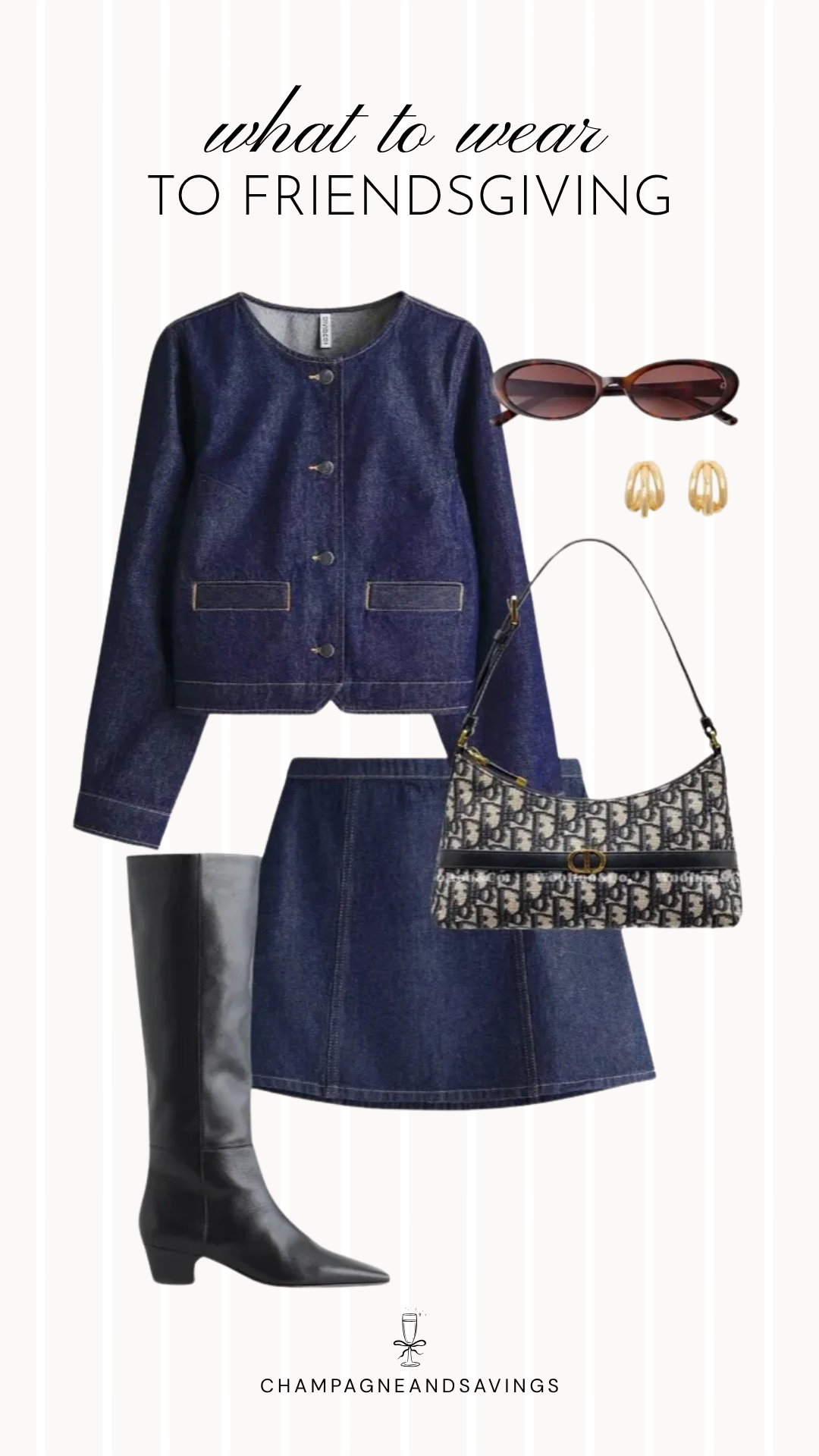 Friendsgiving outfit idea featuring a matching denim jacket and skirt set paired with knee-high boots, styled together in a trendy fall fashion collage for a chic and festive holiday gathering.