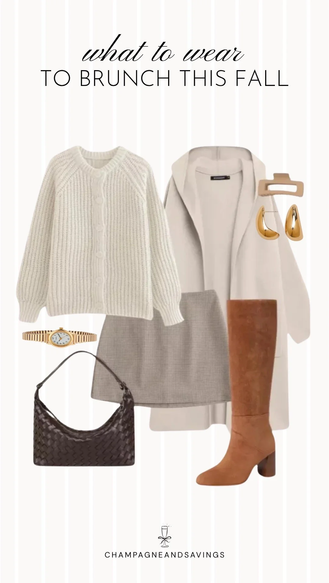 Collage of outfit pieces featuring a long coat layered over a chunky cardigan with a houndstooth mini skirt for a chic and cozy fall brunch outfit idea.