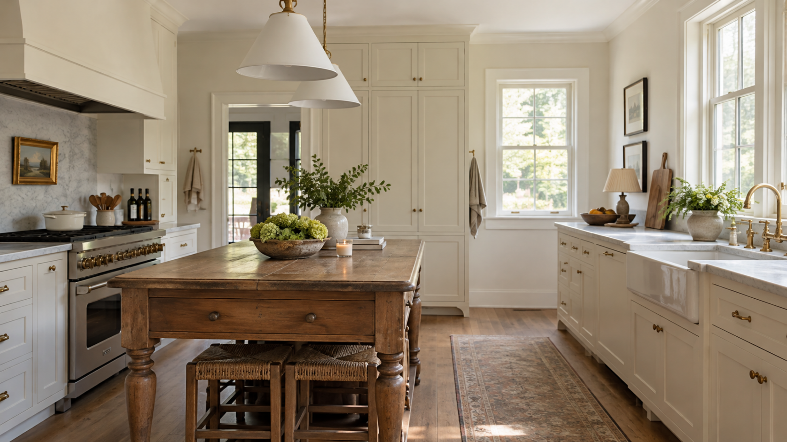 Warm traditional kitchen with furniture-style cabinetry, antique wood island, and decorative lighting