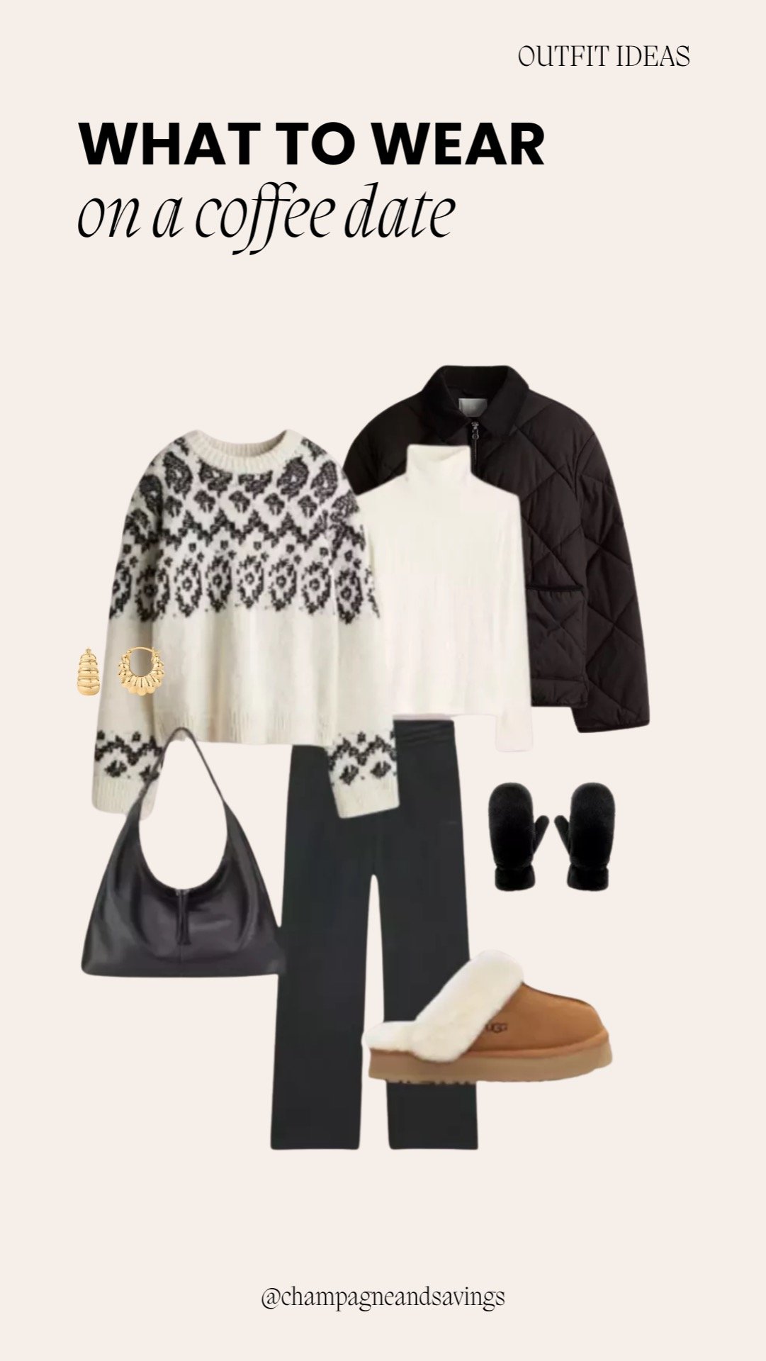 Coffee date outfit ideas collage featuring styled pieces including a Fair Isle sweater and puff jacket for a cozy, effortless café look