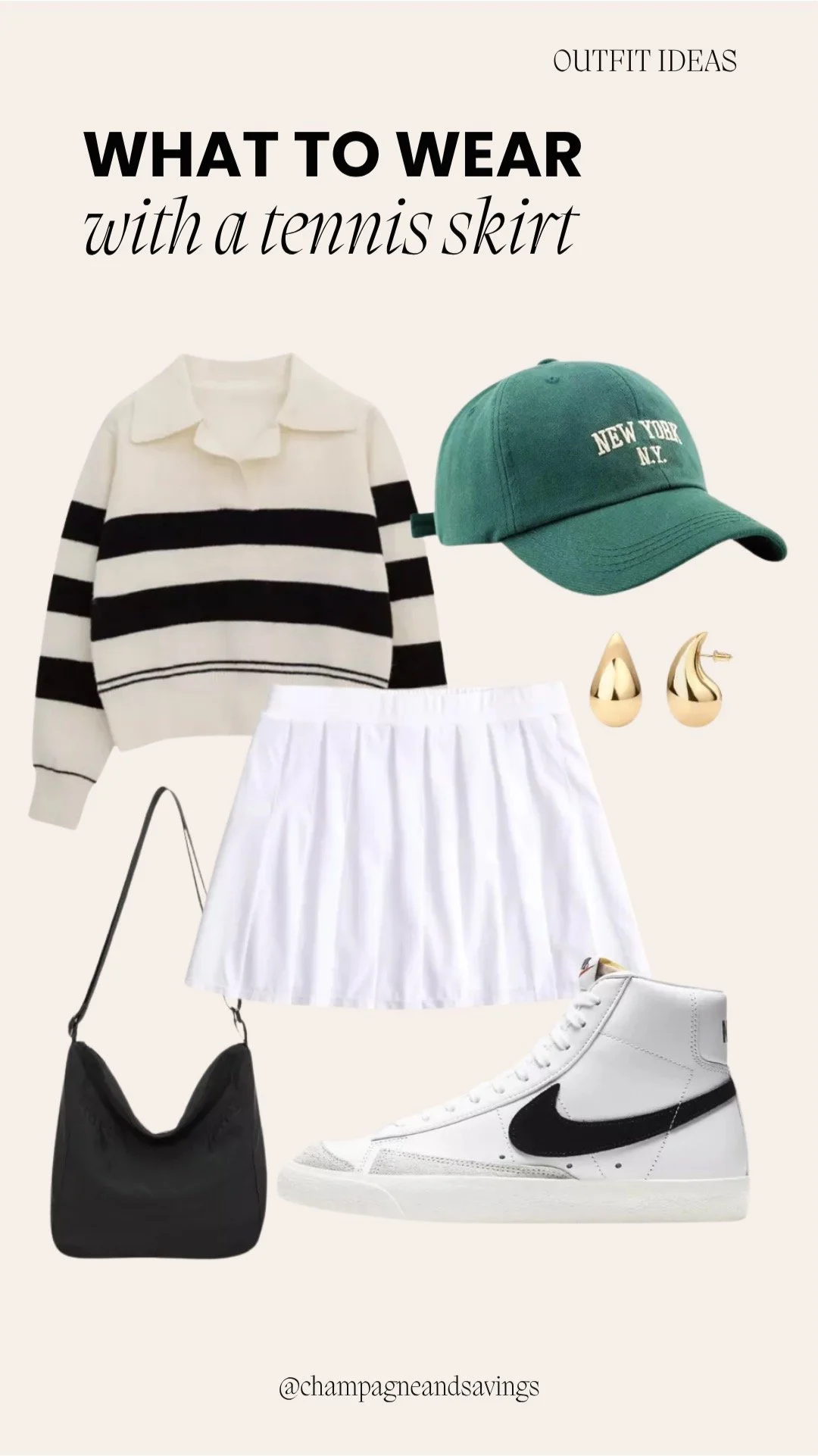 Tennis skirt outfit collage featuring a pleated tennis skirt styled with a striped sweater and high top sneakers for a casual sporty look.