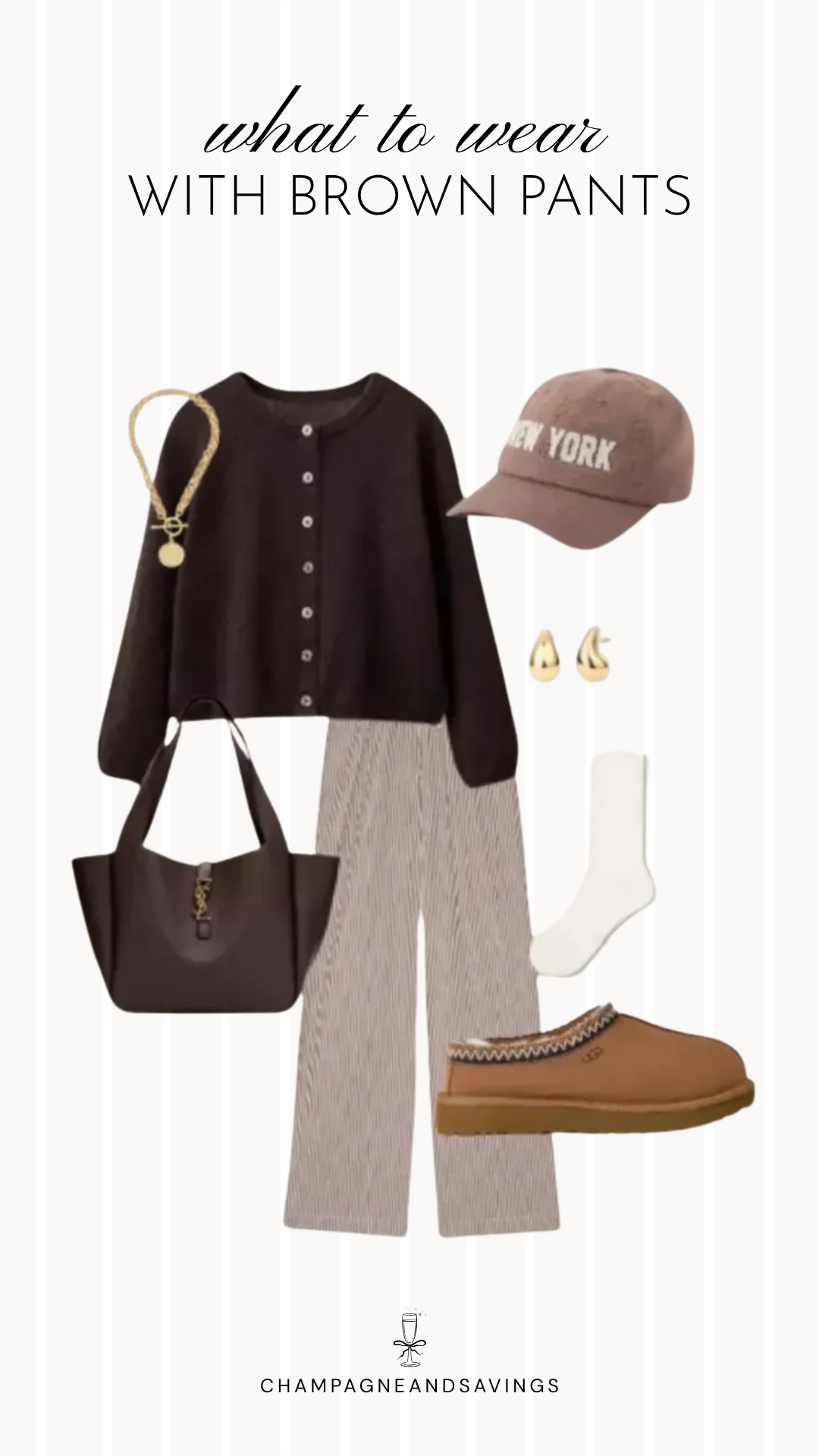 Brown pants outfit idea collage featuring a cardigan, ball cap, cozy slippers, and striped brown pants for a relaxed, casual everyday look.