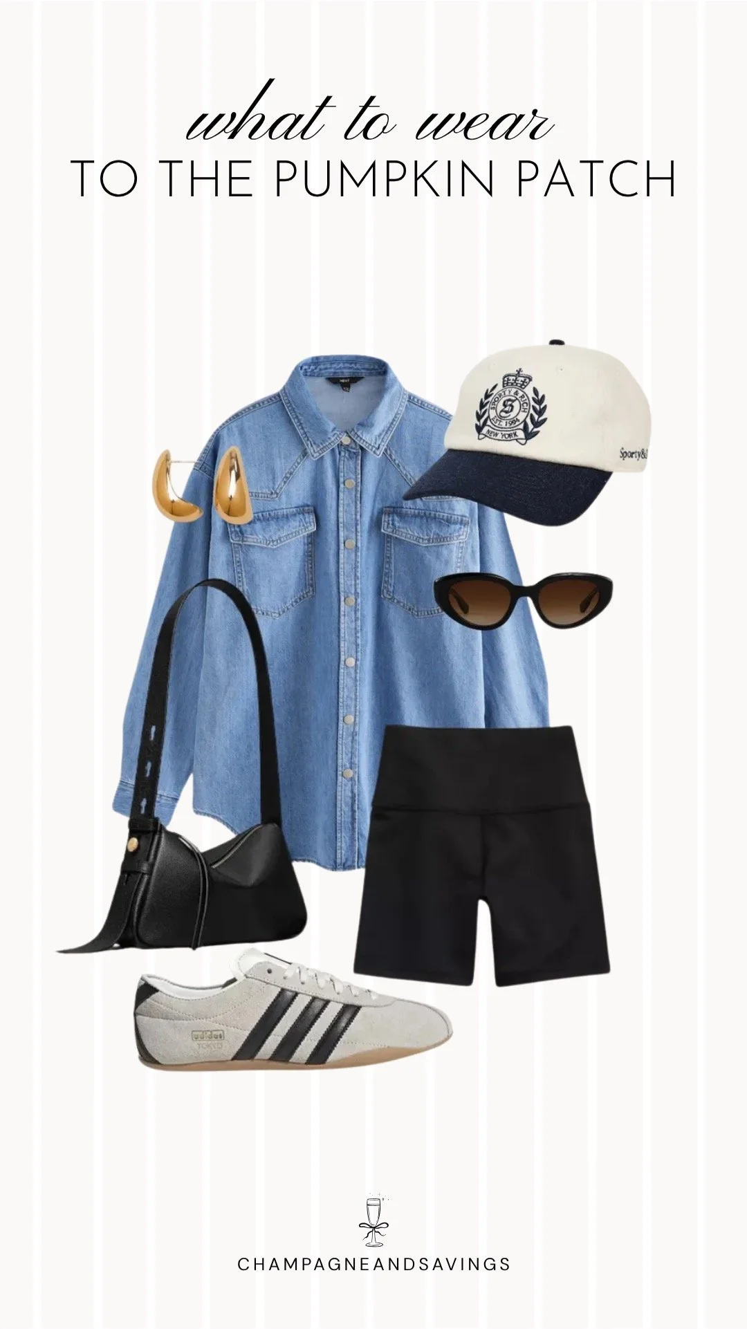 Collage of outfit pieces featuring a chambray button down styled with bike shorts and sneakers for a casual pumpkin patch outfit idea with a sporty relaxed fall vibe.