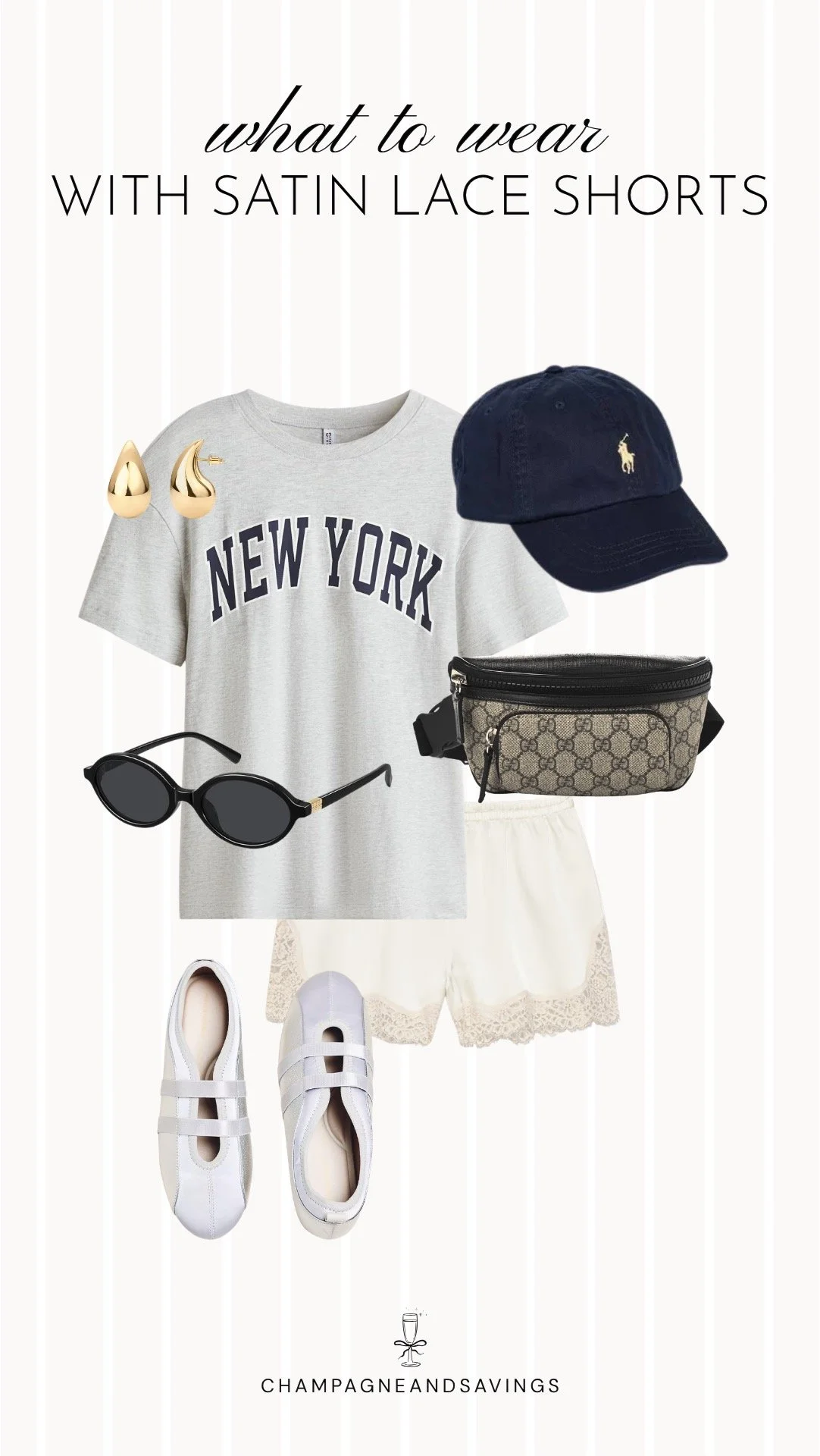 Collage of outfit pieces featuring satin lace shorts styled with a graphic tee and sneakers for a casual, trendy outfit