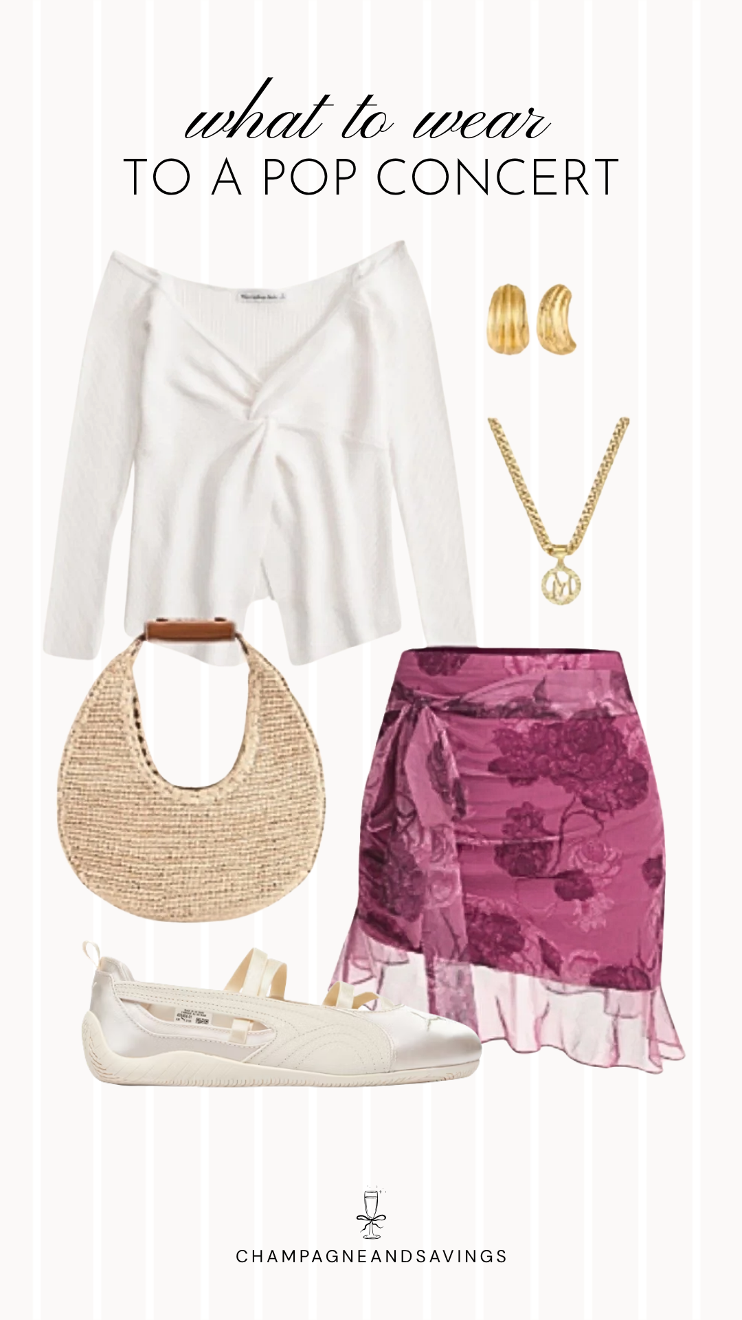 Collage of outfit pieces featuring a white off-shoulder top paired with a floral wrap skirt, creating a feminine and stylish pop concert outfit idea.