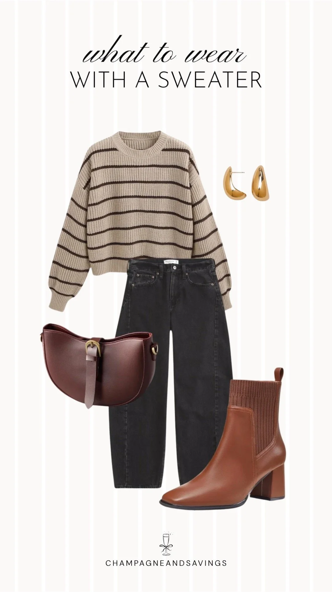 Collage of outfit pieces featuring a striped sweater styled with black barrel jeans and brown booties for a casual and trendy sweater outfit idea.